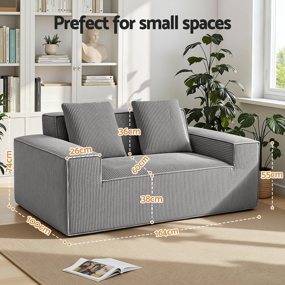 Marina 2 Seater Sofa Loveseat Sofas Bed Couch No Assembly Corduroy Small Couches Apartement - Grey