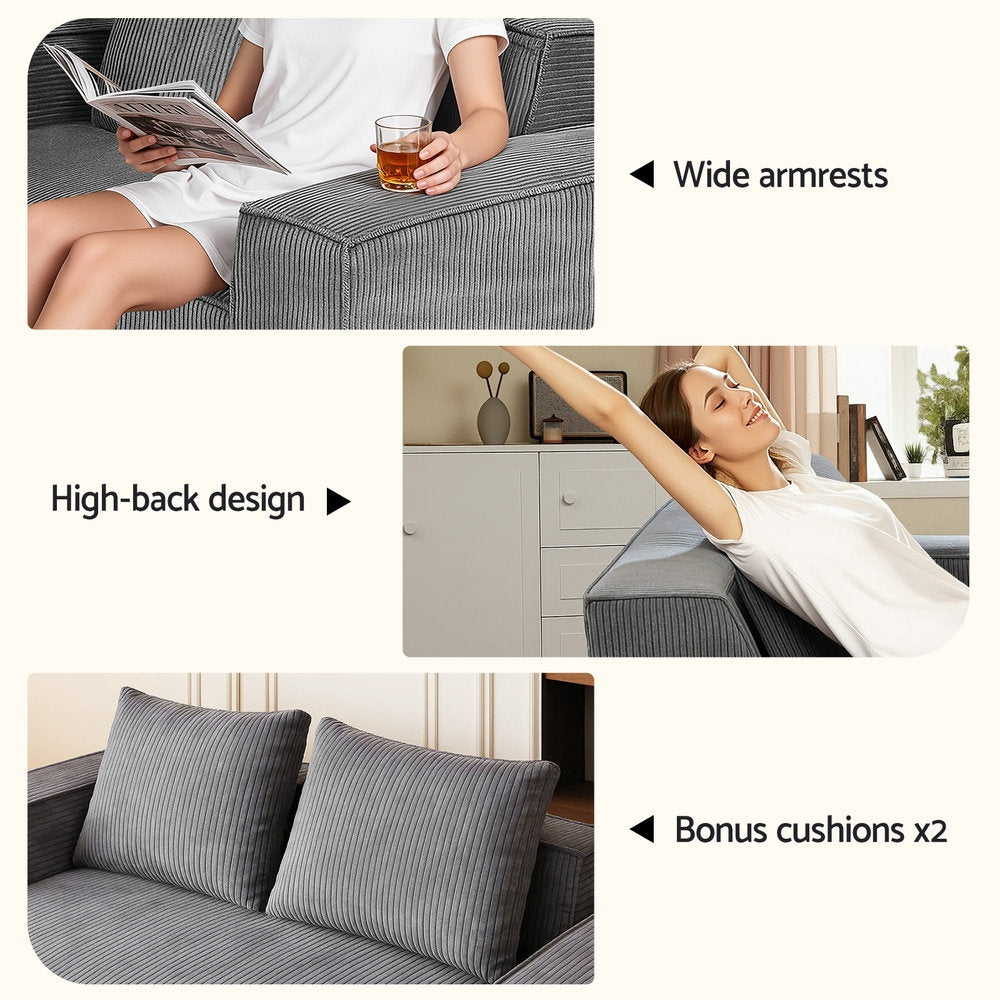 Marina 2 Seater Sofa Loveseat Sofas Bed Couch No Assembly Corduroy Small Couches Apartement - Grey