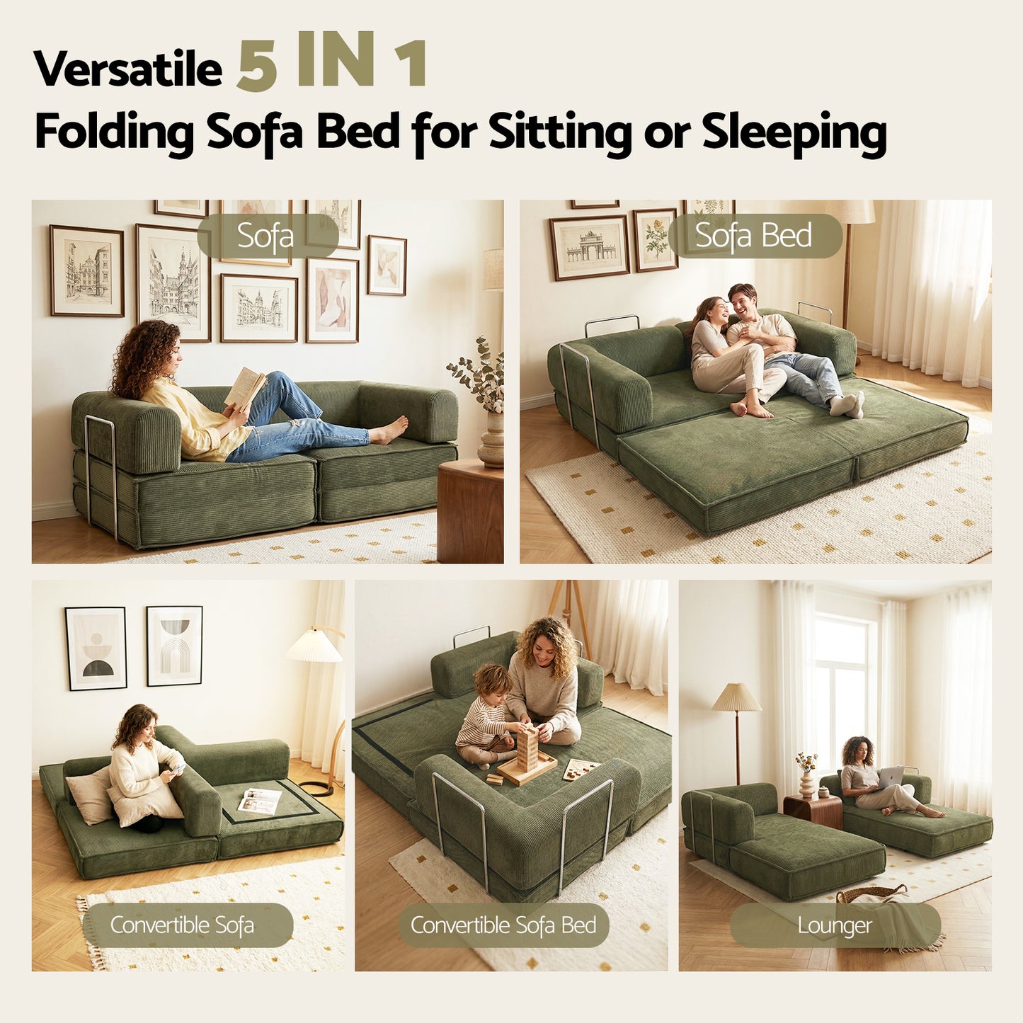 Mattea 2 Seater Convertible Folding Sofa Bed - Green
