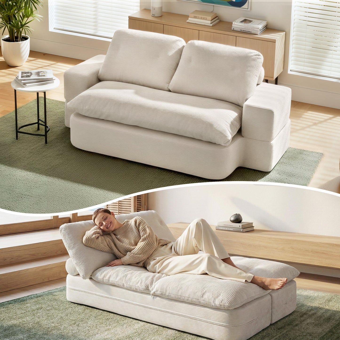 Maevia 2 Seater Convertible Folding Sofa Bed 30D High-Density Foam Boneless Couch with Corduroy Sleeper Couch Lounger - White
