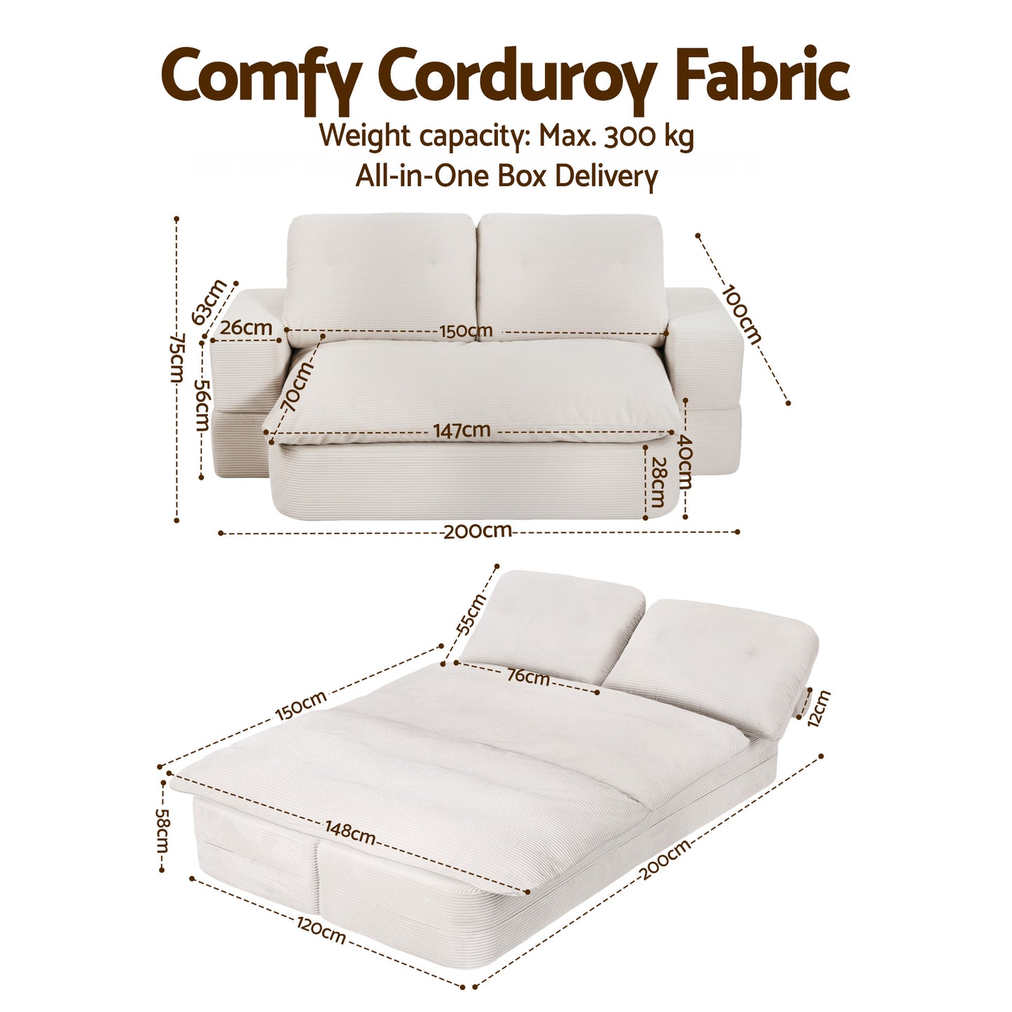 Maevia 2 Seater Convertible Folding Sofa Bed 30D High-Density Foam Boneless Couch with Corduroy Sleeper Couch Lounger - White