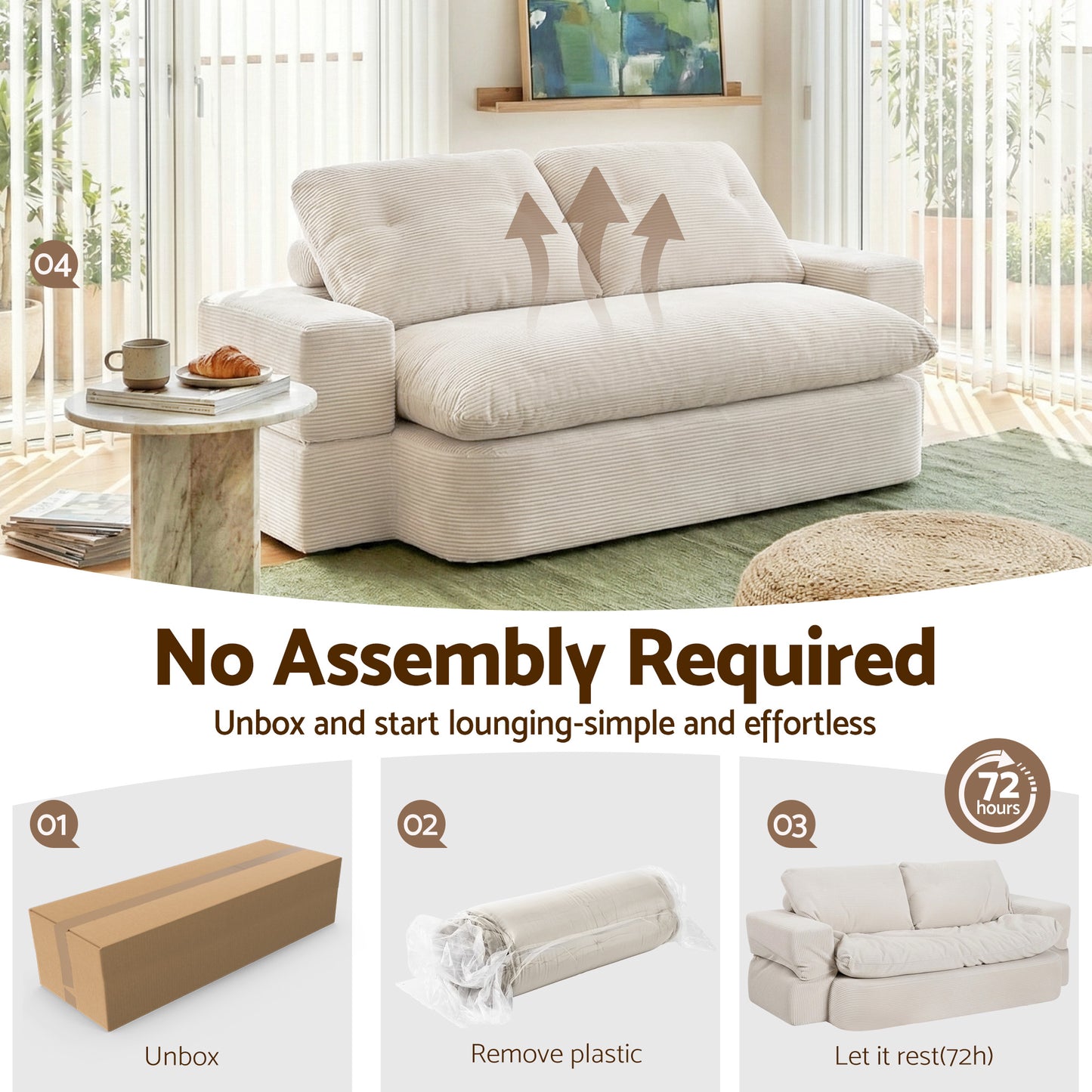 Maevia 2 Seater Convertible Folding Sofa Bed 30D High-Density Foam Boneless Couch with Corduroy Sleeper Couch Lounger - White