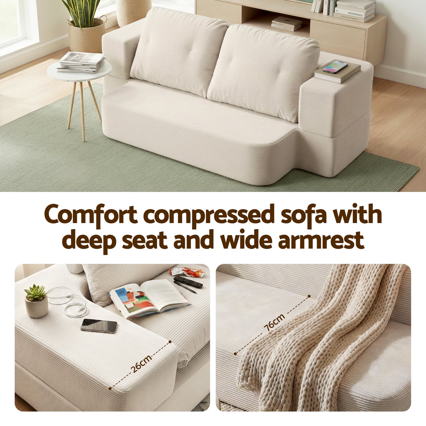 Maevia 2 Seater Convertible Folding Sofa Bed 30D High-Density Foam Boneless Couch with Corduroy Sleeper Couch Lounger - White