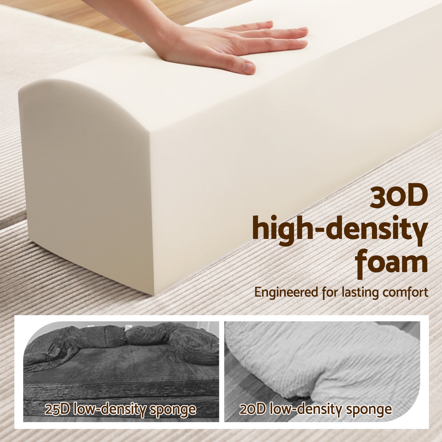 Maevia 2 Seater Convertible Folding Sofa Bed 30D High-Density Foam Boneless Couch with Corduroy Sleeper Couch Lounger - White
