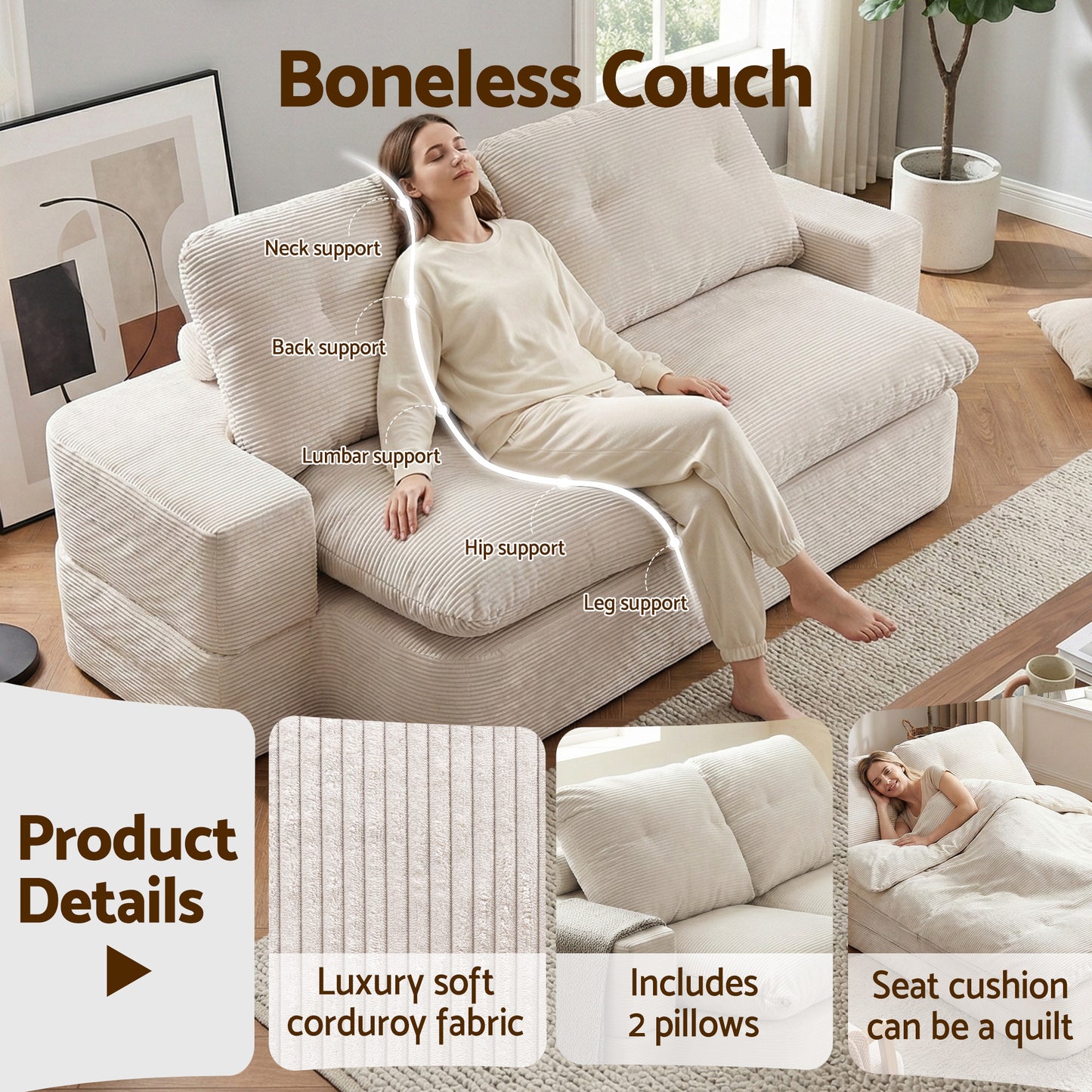 Maevia 2 Seater Convertible Folding Sofa Bed 30D High-Density Foam Boneless Couch with Corduroy Sleeper Couch Lounger - White