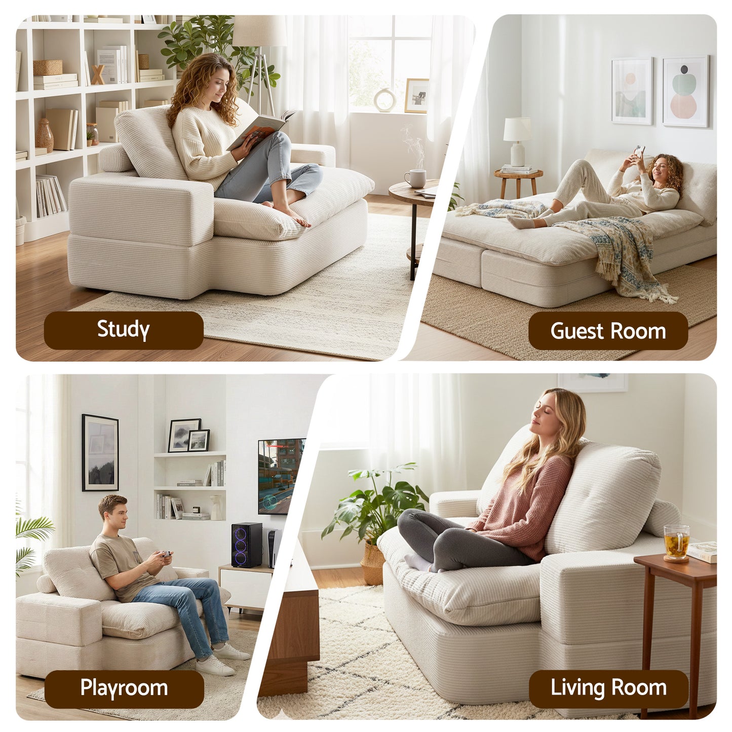 Maevia 2 Seater Convertible Folding Sofa Bed 30D High-Density Foam Boneless Couch with Corduroy Sleeper Couch Lounger - White