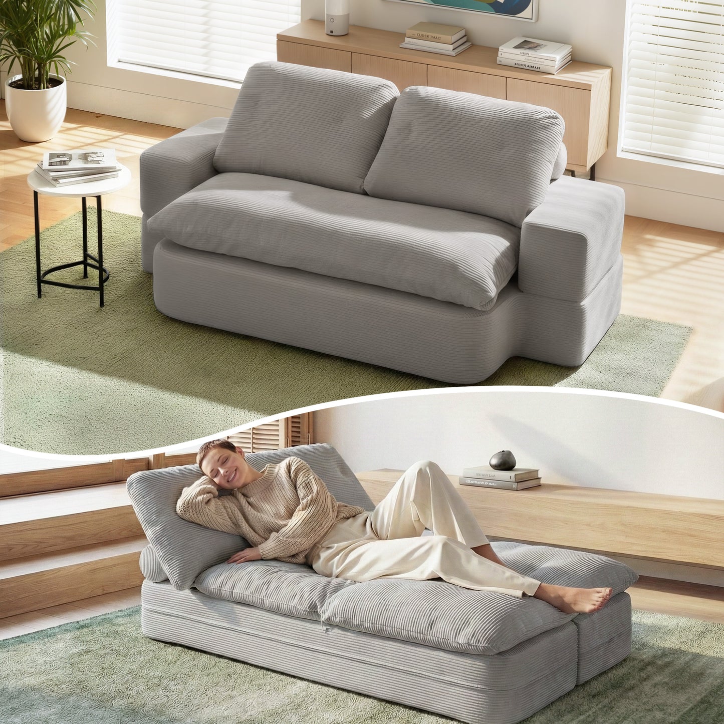 Maevia 2 Seater Convertible Folding Sofa Bed 30D High-Density Foam Boneless Couch with Corduroy Sleeper Couch Lounger - Grey