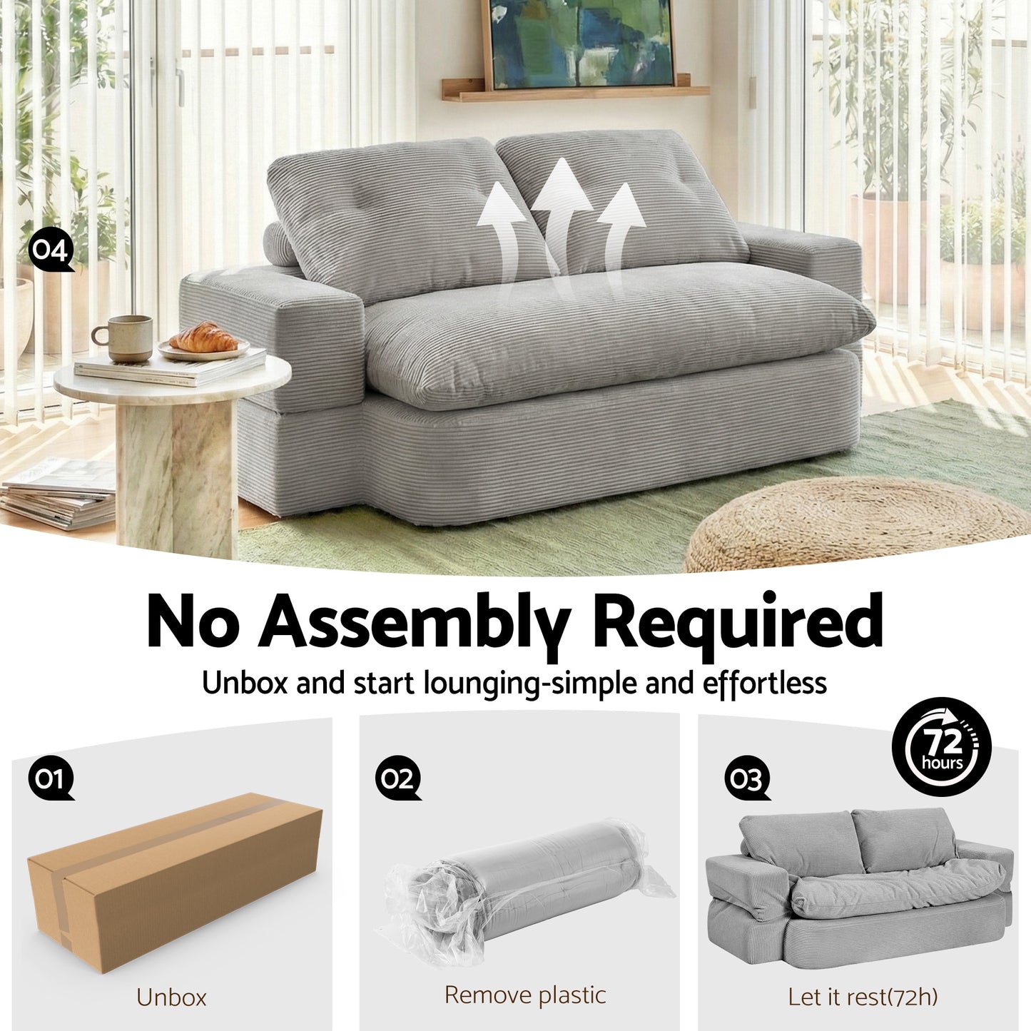 Maevia 2 Seater Convertible Folding Sofa Bed 30D High-Density Foam Boneless Couch with Corduroy Sleeper Couch Lounger - Grey