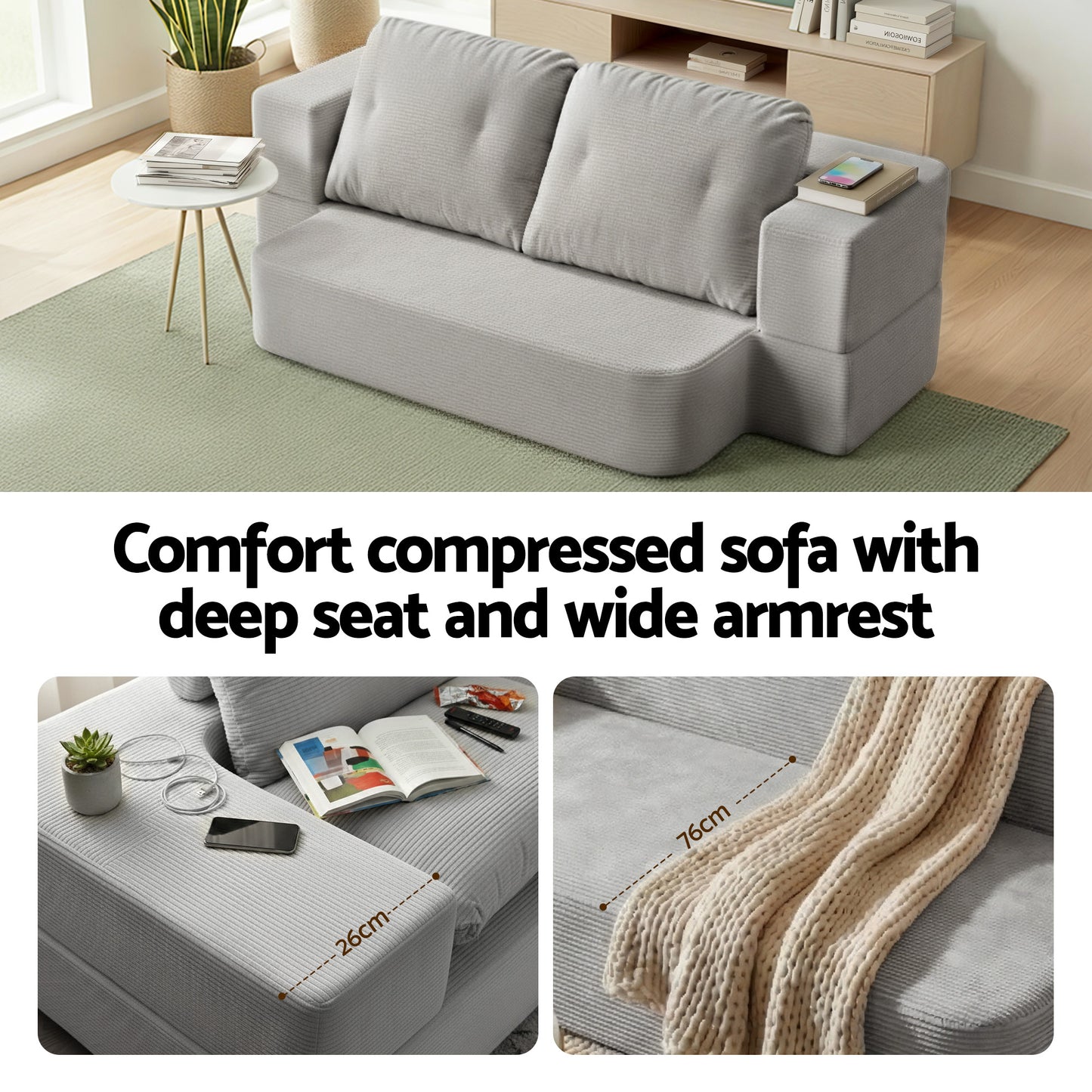 Maevia 2 Seater Convertible Folding Sofa Bed 30D High-Density Foam Boneless Couch with Corduroy Sleeper Couch Lounger - Grey