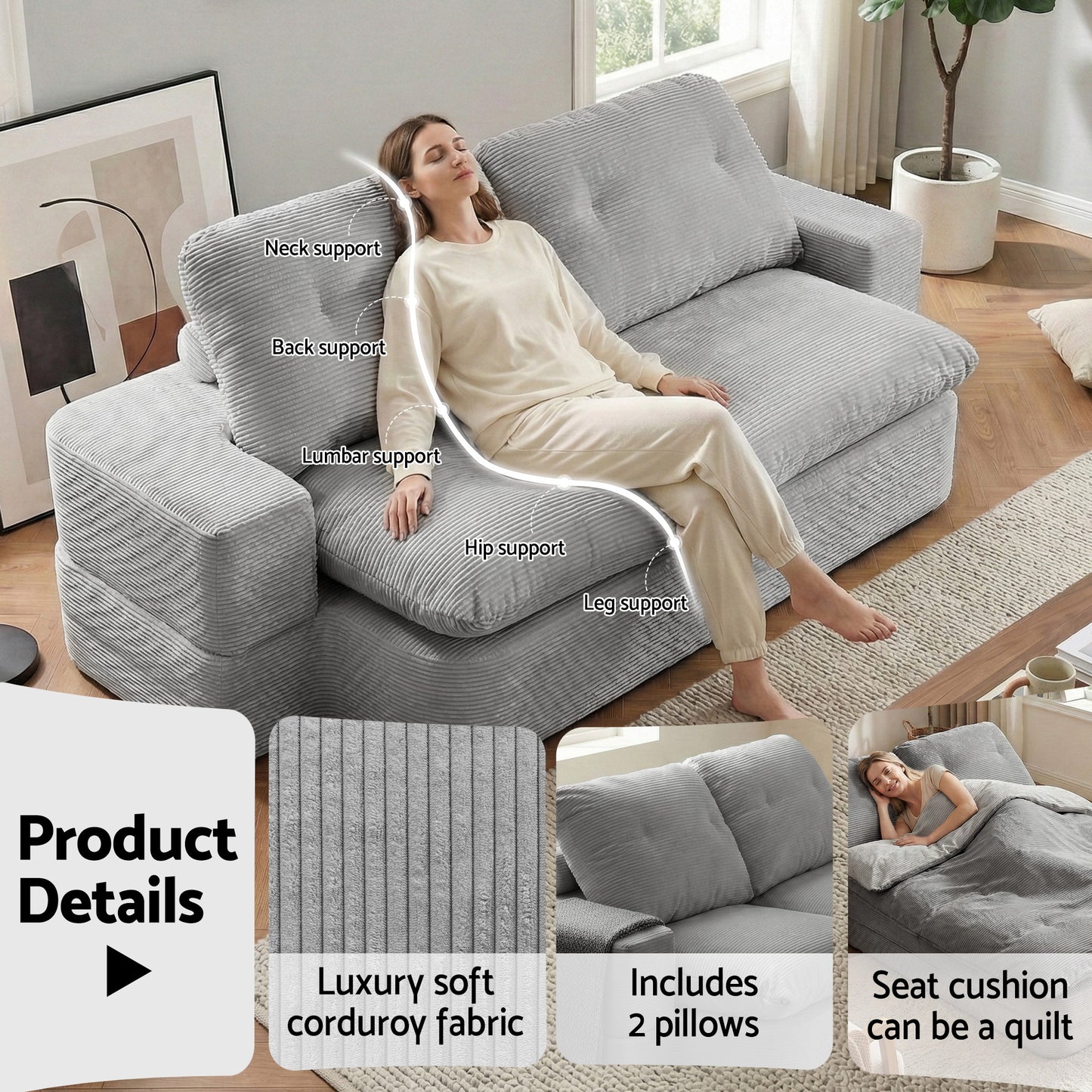 Maevia 2 Seater Convertible Folding Sofa Bed 30D High-Density Foam Boneless Couch with Corduroy Sleeper Couch Lounger - Grey