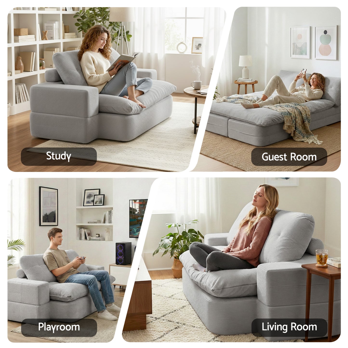 Maevia 2 Seater Convertible Folding Sofa Bed 30D High-Density Foam Boneless Couch with Corduroy Sleeper Couch Lounger - Grey