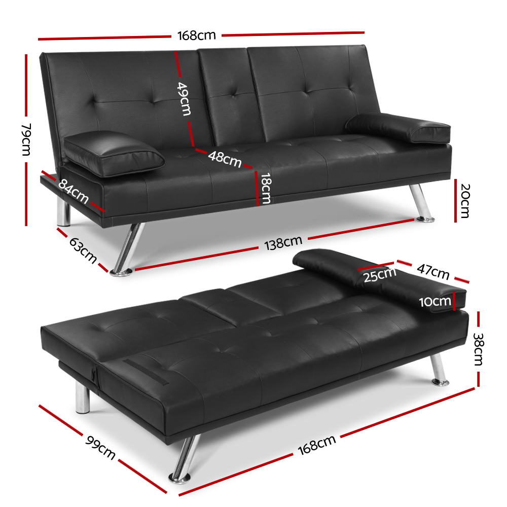 Madaline 3-Seater Leather Cup Holder Futon Sofa Bed Lounge Couch - Black