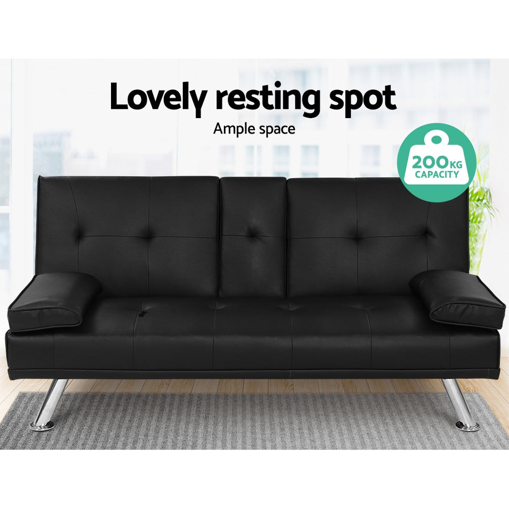 Madaline 3-Seater Leather Cup Holder Futon Sofa Bed Lounge Couch - Black