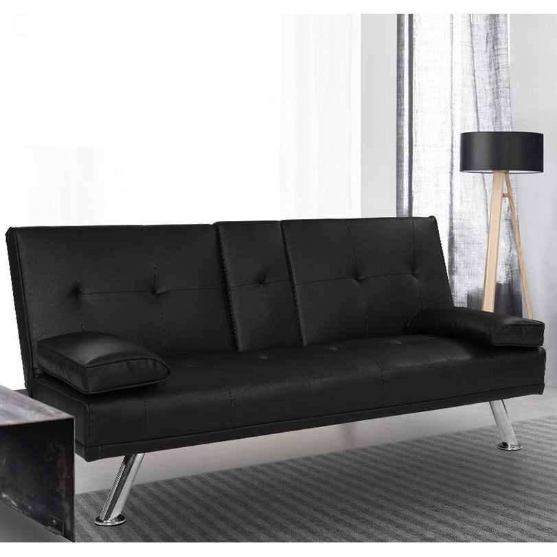 Madaline 2-Seater Leather Cup Holder Futon Sofa Bed Lounge Couch - Black