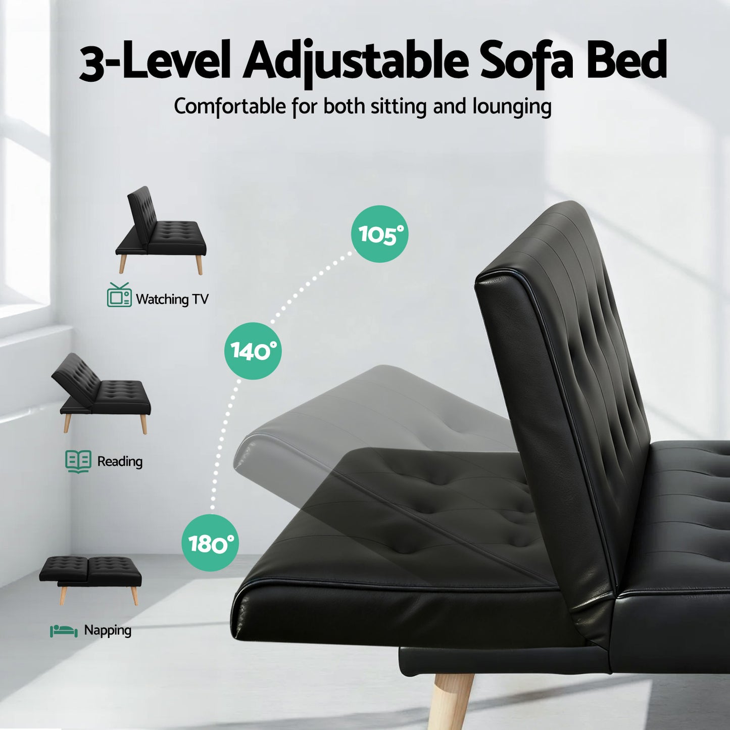 Marinae Sofa Bed Couch Lounge Fabric - Black