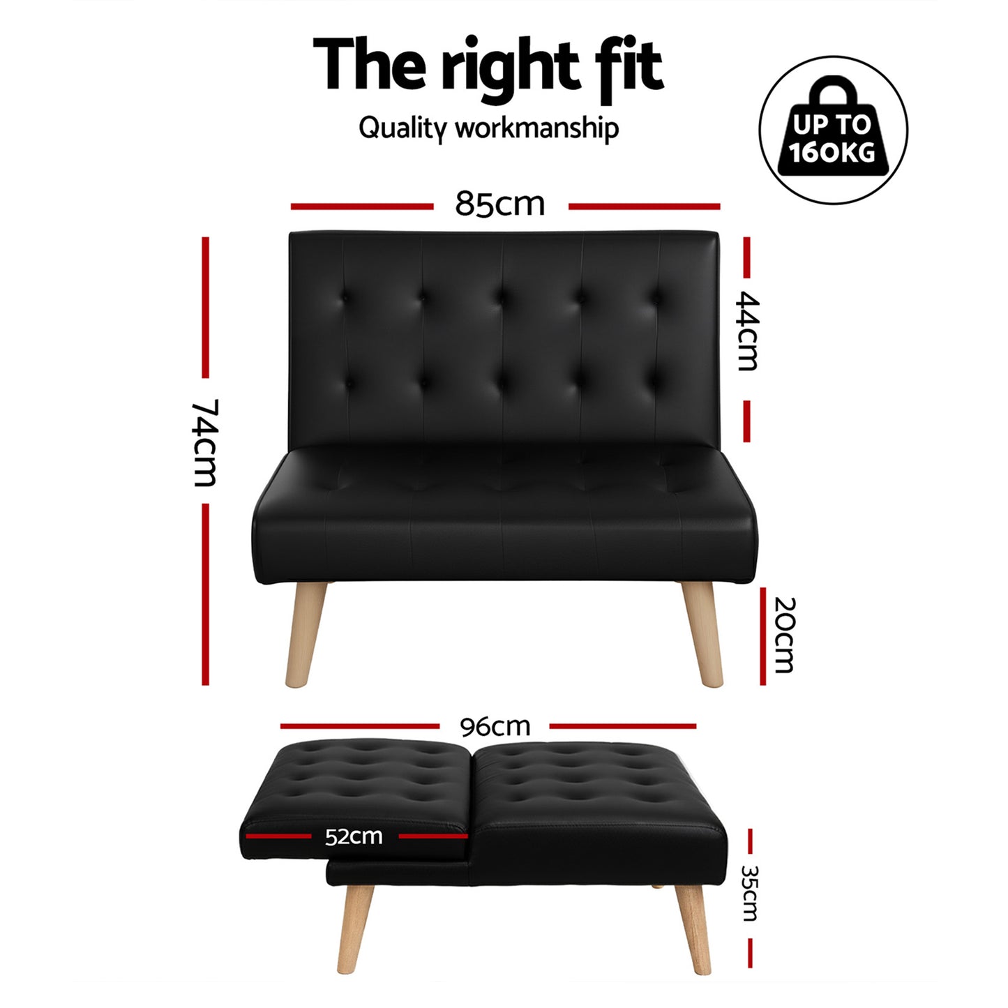 Miriam 2 Seater Sofa Bed Couch Lounge Fabric - Black
