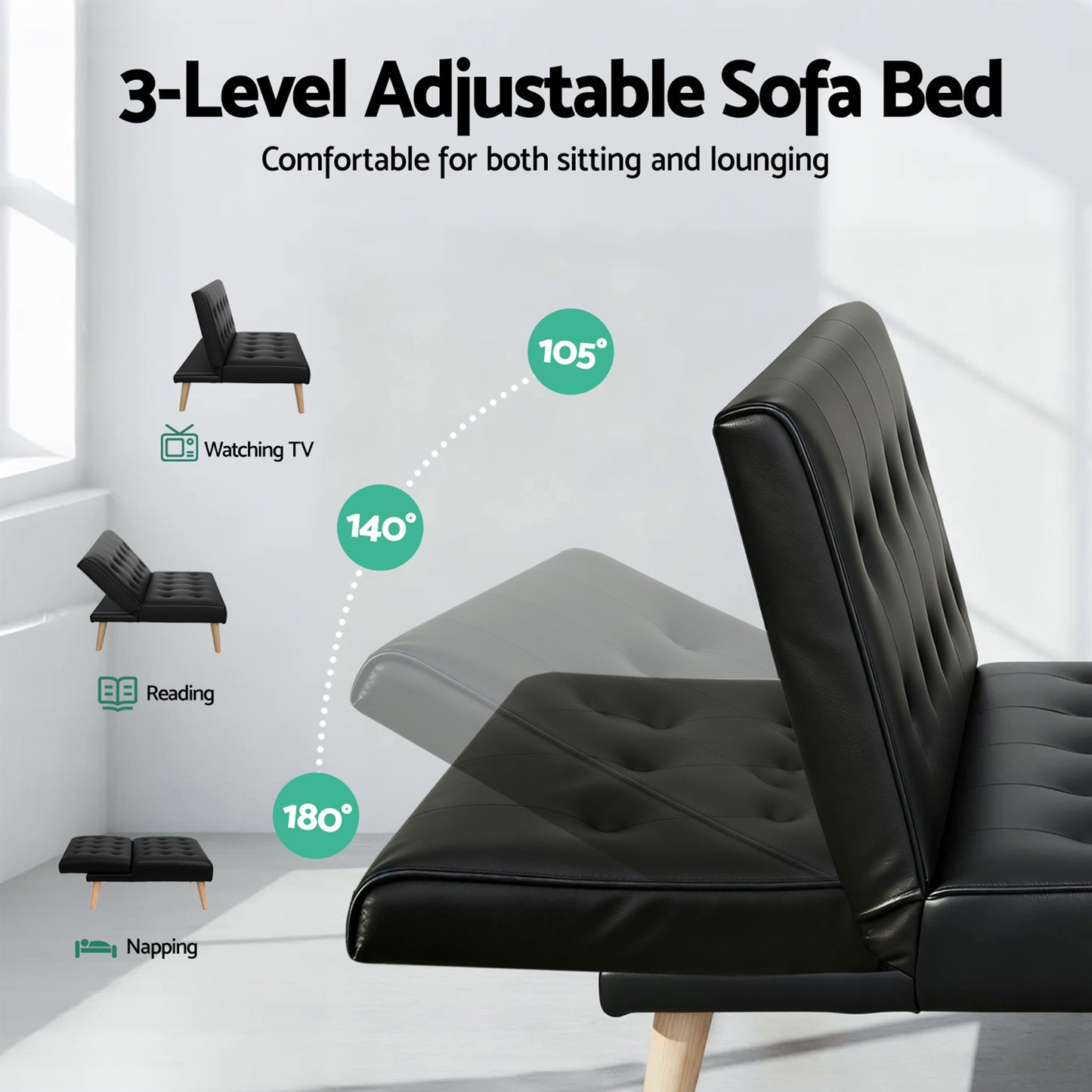 Miriam 2 Seater Sofa Bed Couch Lounge Fabric - Black