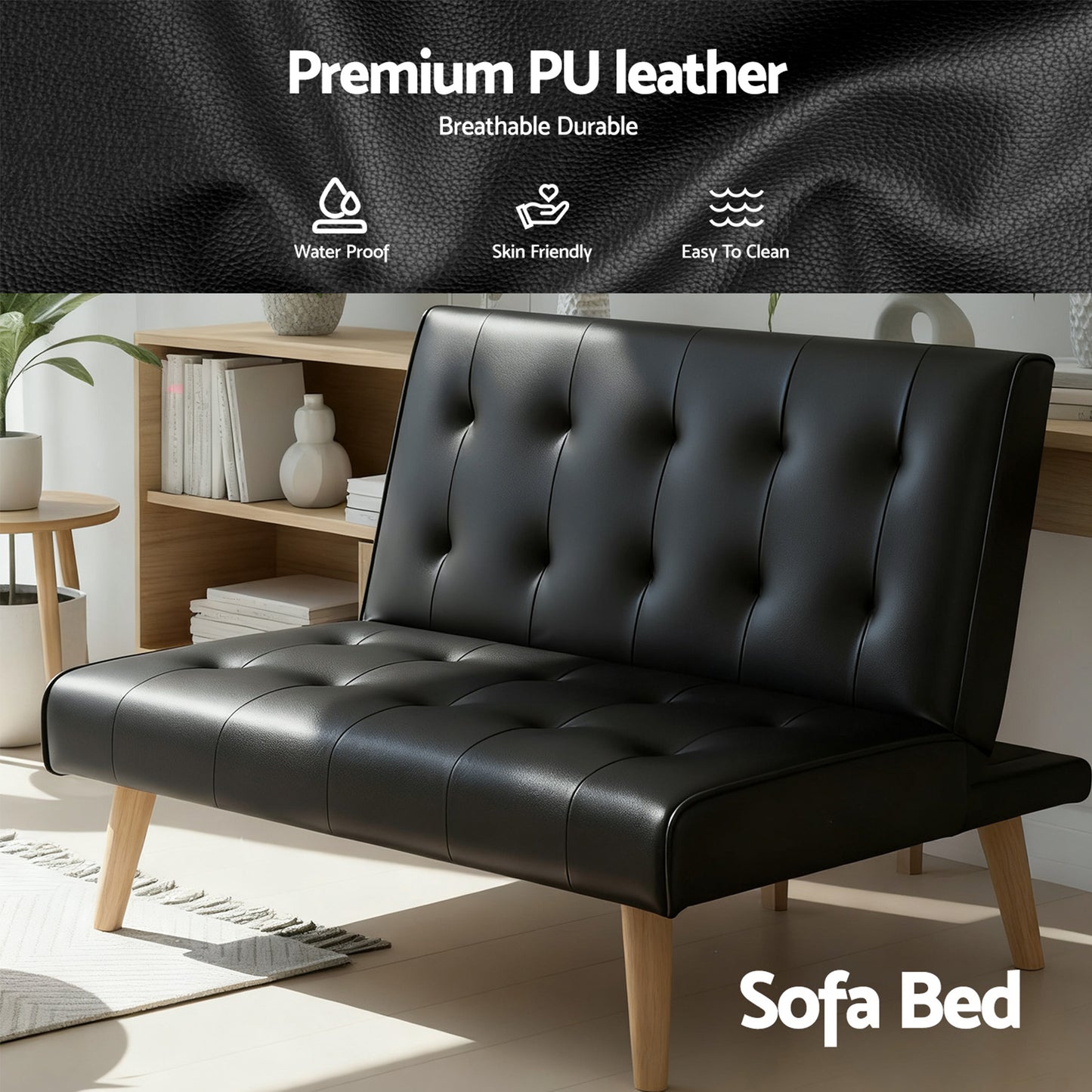Miriam 2 Seater Sofa Bed Couch Lounge Fabric - Black