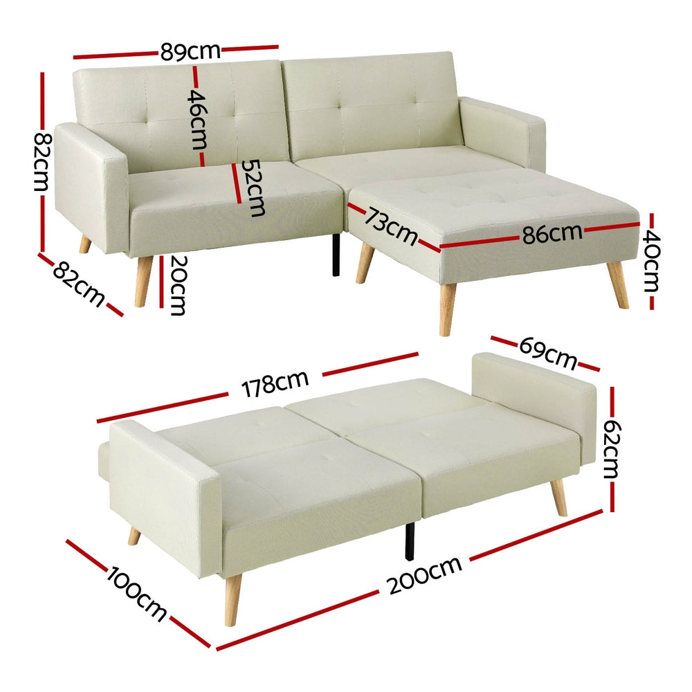 Marcella 3 Seater 200cm Sofa Bed Ottoman Faux Linen - Beige