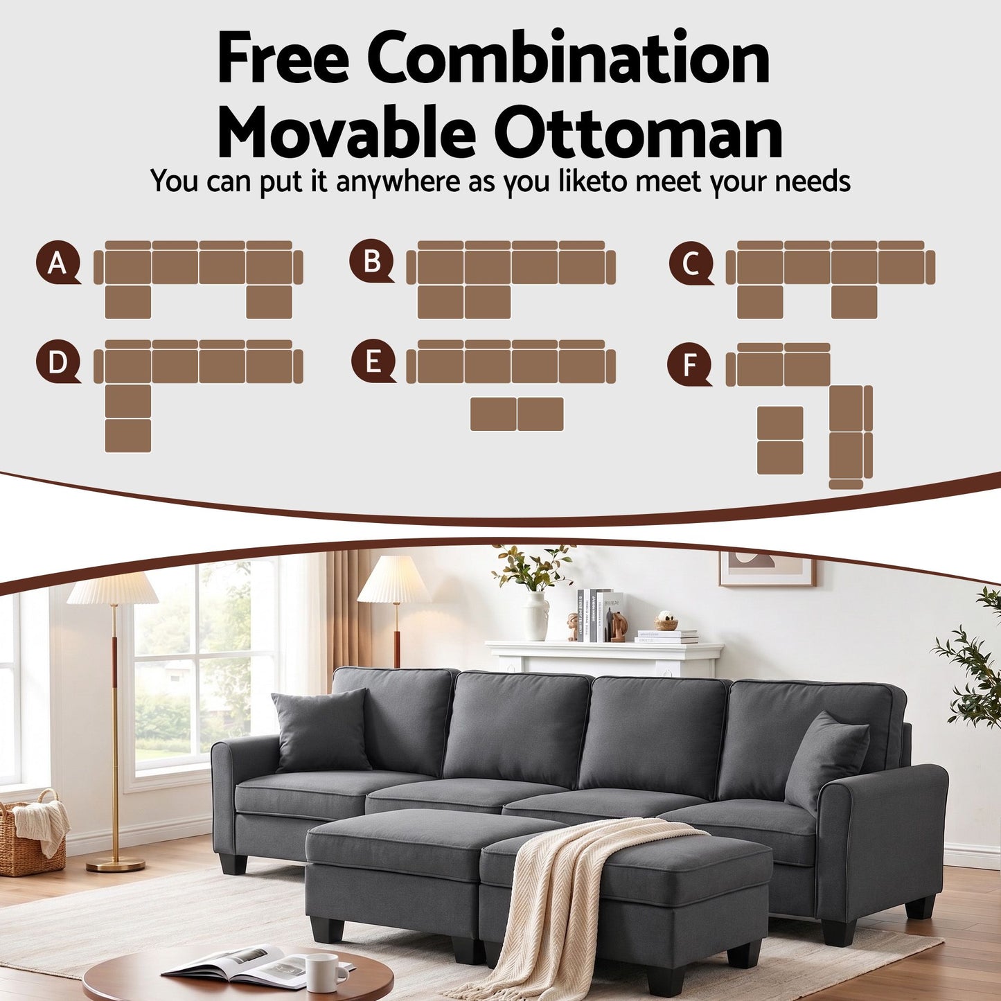 Myelle 4-Seater Modular Sectional U Shaped Storage Sofa Couches for Living Room - Grey