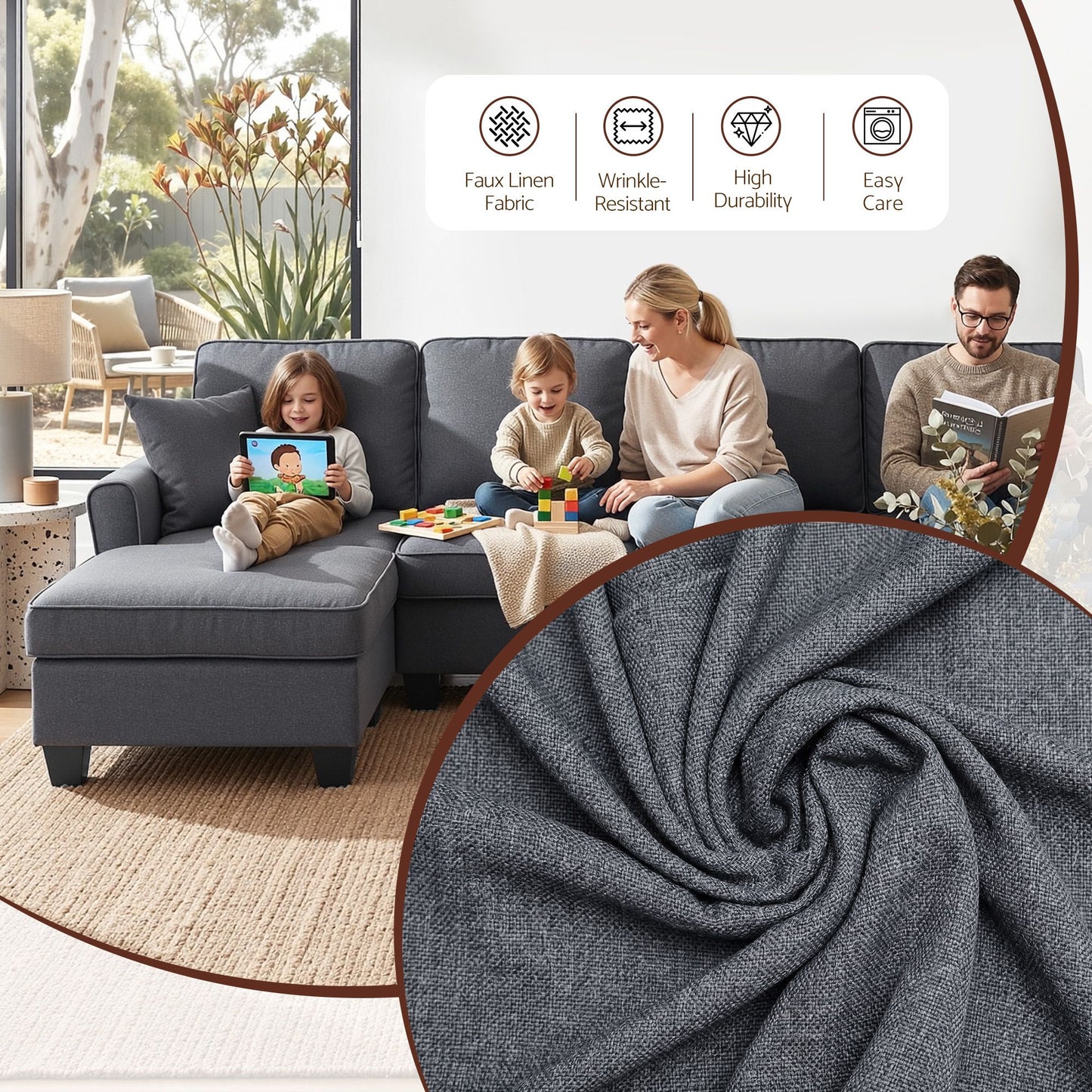 Myelle 4-Seater Modular Sectional U Shaped Storage Sofa Couches for Living Room - Grey
