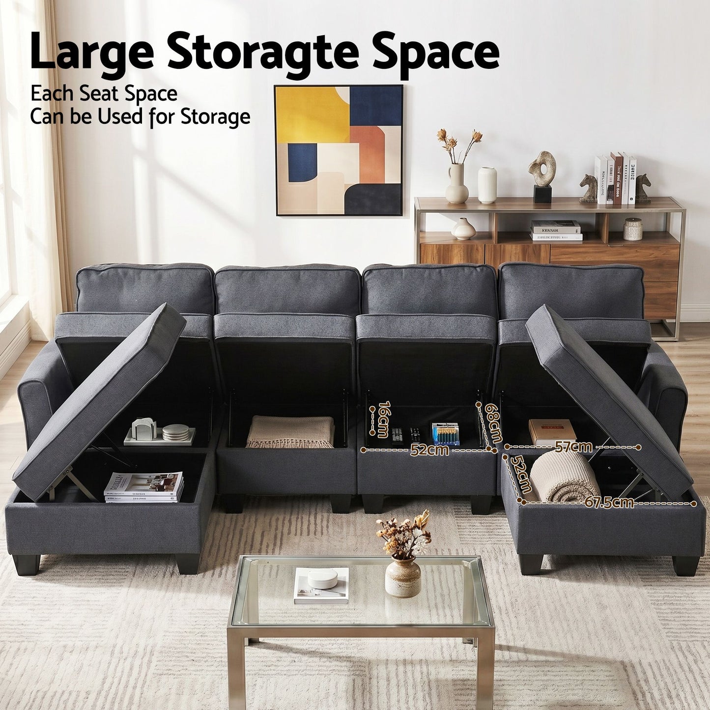 Myelle 4-Seater Modular Sectional U Shaped Storage Sofa Couches for Living Room - Grey