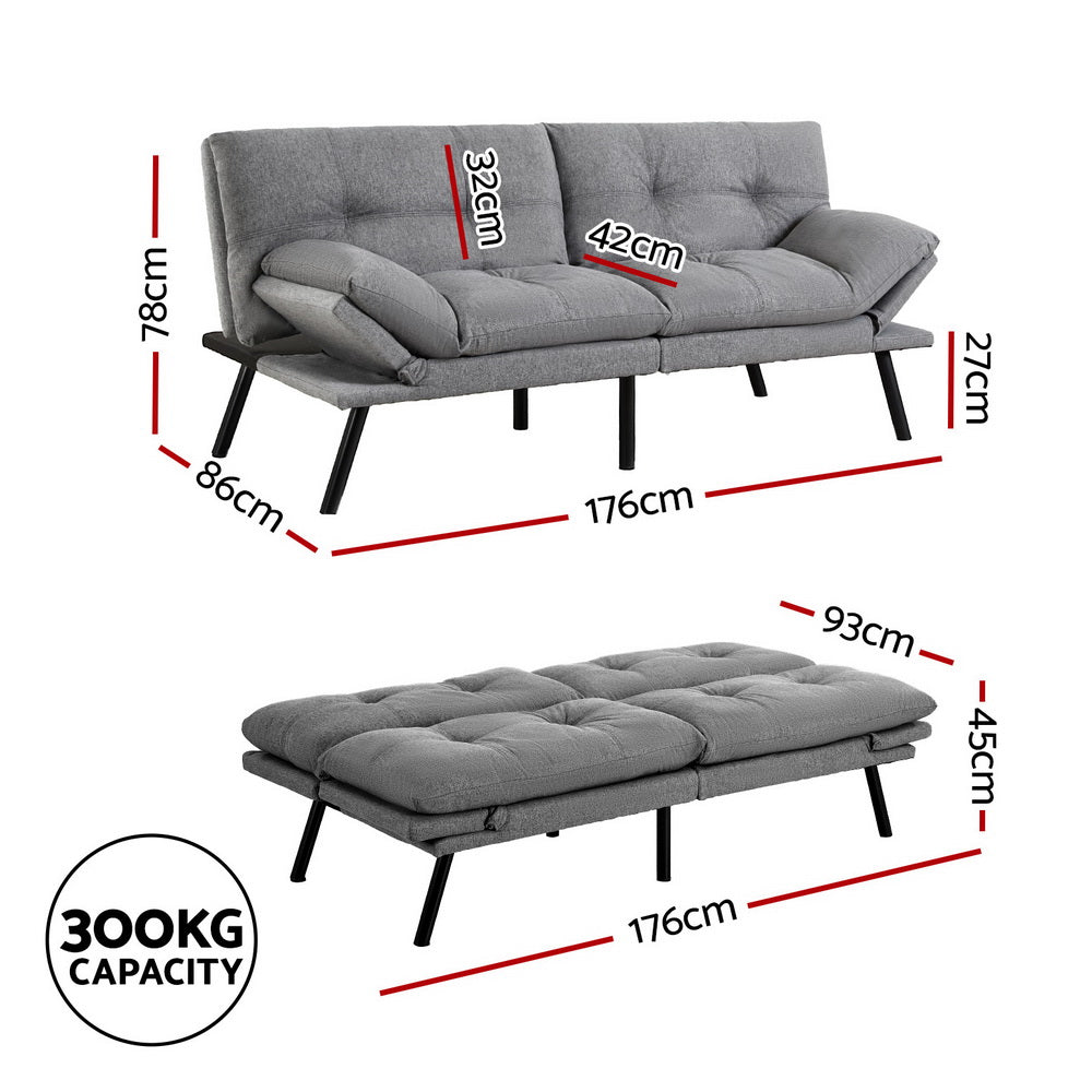 Marceline 3 Seater Sofa Bed Convertible Couch Recliner Lounge Chair Fabric - Grey