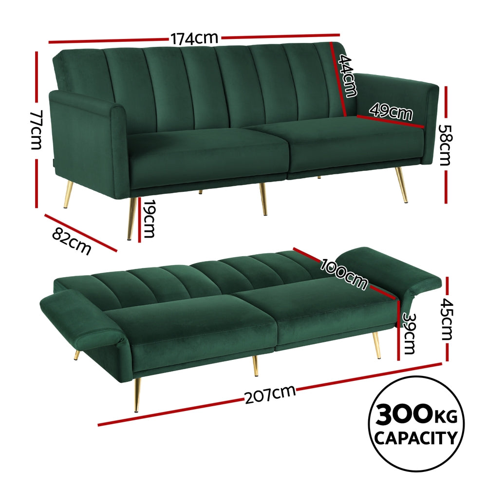 Madeleine 3 Seater Sofa Bed Couch Convertible Lounge Adjustable Arm Recliner Velvet - Green