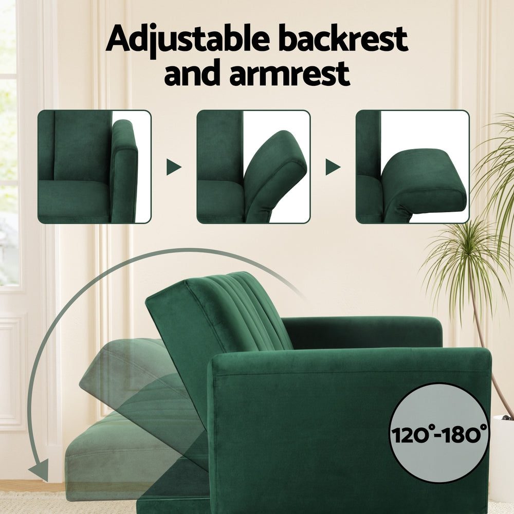 Madeleine 3 Seater Sofa Bed Couch Convertible Lounge Adjustable Arm Recliner Velvet - Green