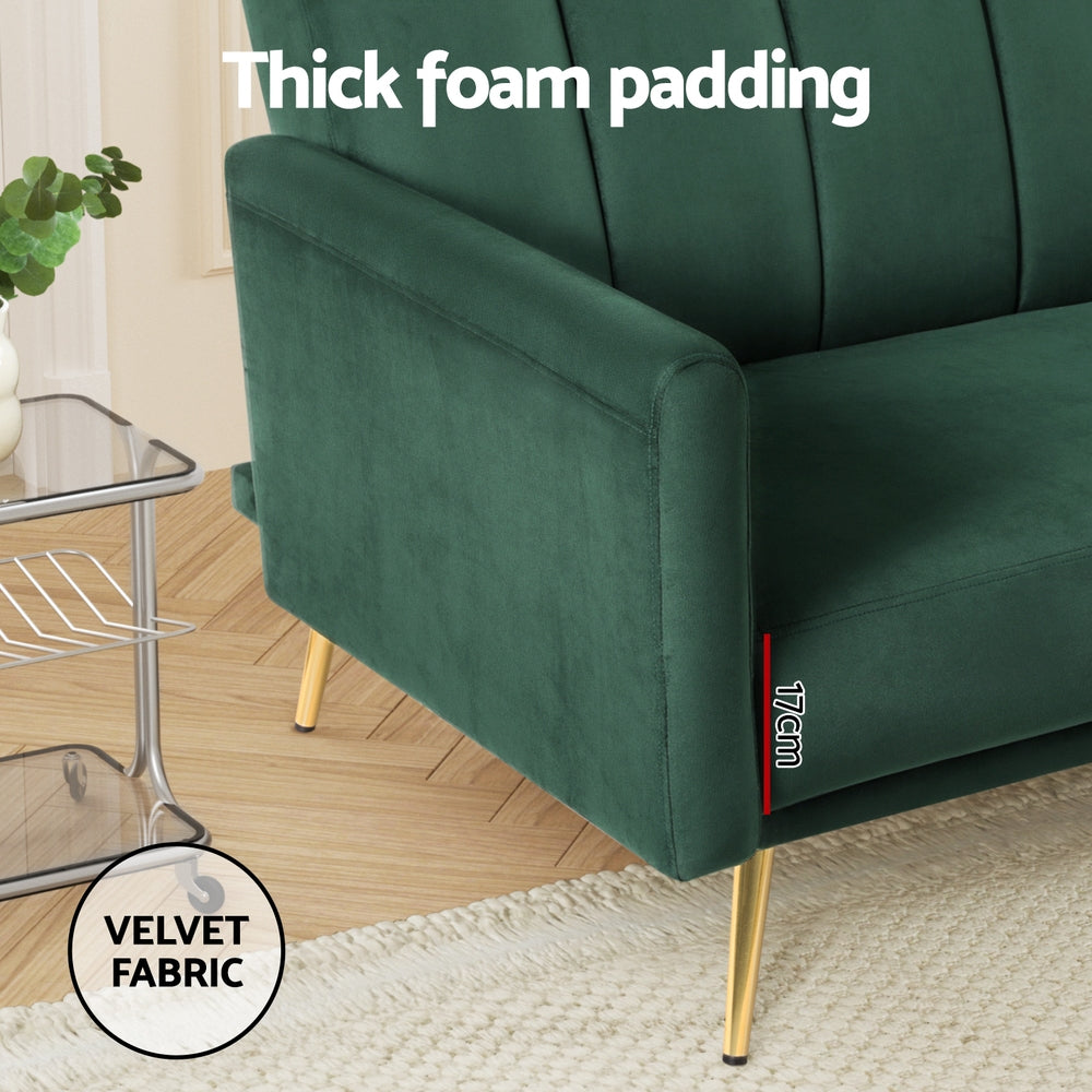 Madeleine 3 Seater Sofa Bed Couch Convertible Lounge Adjustable Arm Recliner Velvet - Green