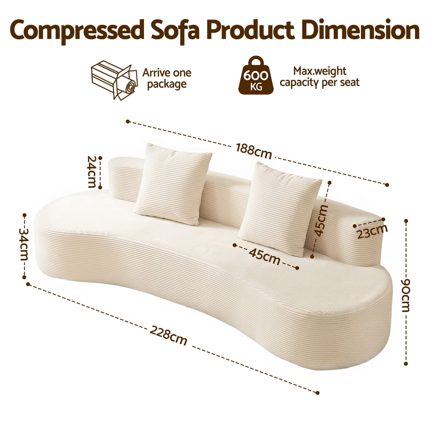 Metis 2 Seater 228cm Modular Sofa Bed Sectional Boneless Couches for Living Room No Assembly Required - White