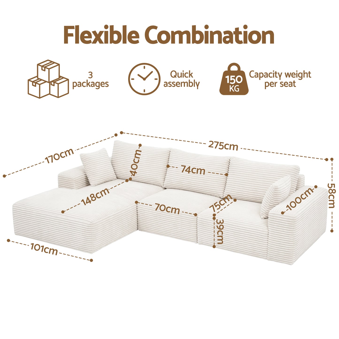 Metis 3 Seater Modular Sofa Bed Sectional Boneless Couches- White