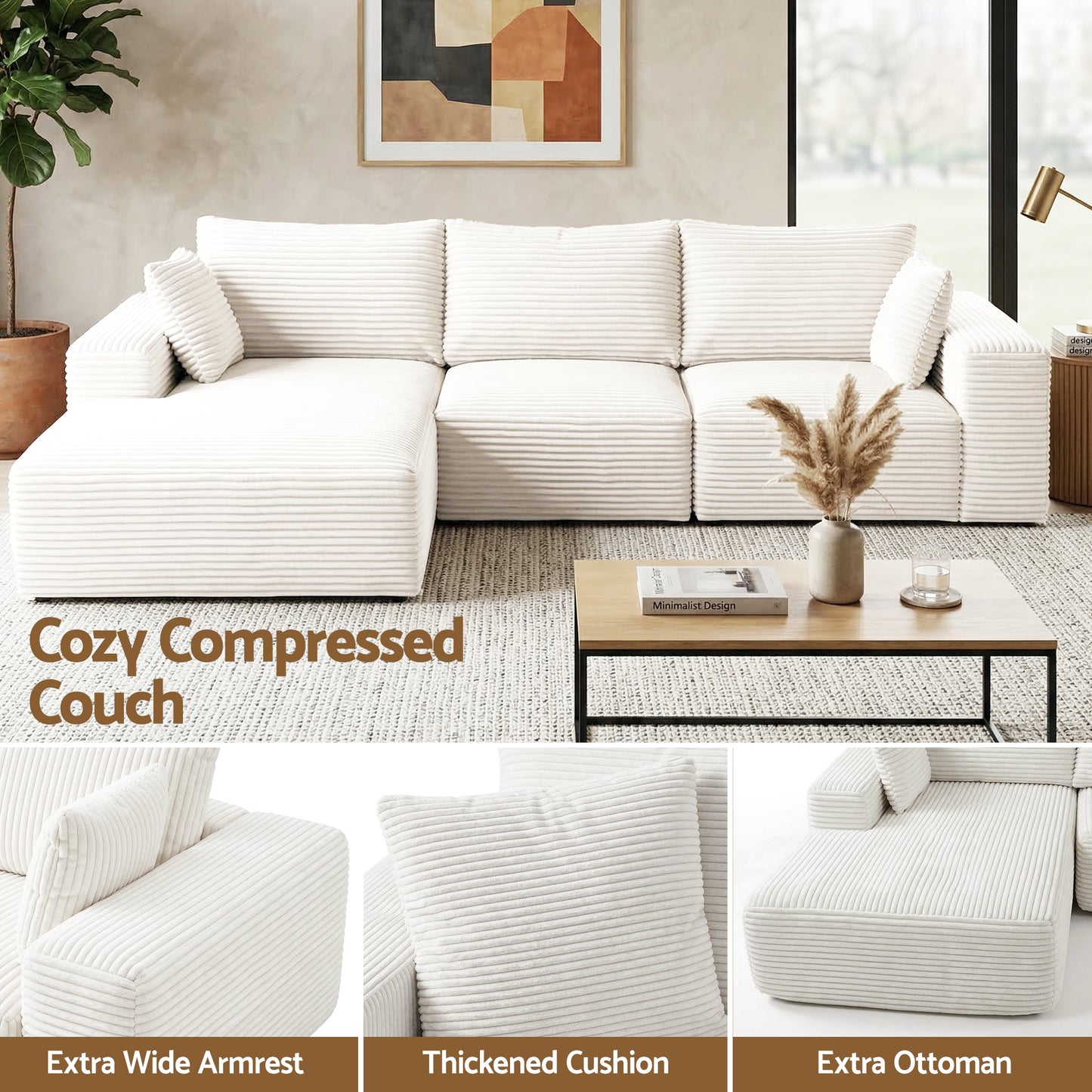 Metis 3 Seater Modular Sofa Bed Sectional Boneless Couches- White