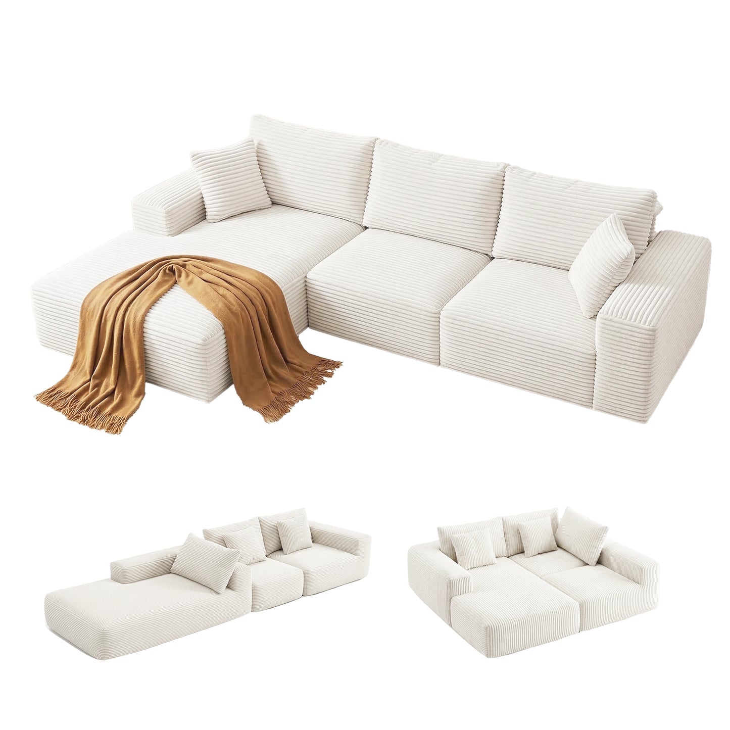 Metis 3 Seater Modular Sofa Bed Sectional Boneless Couches- White