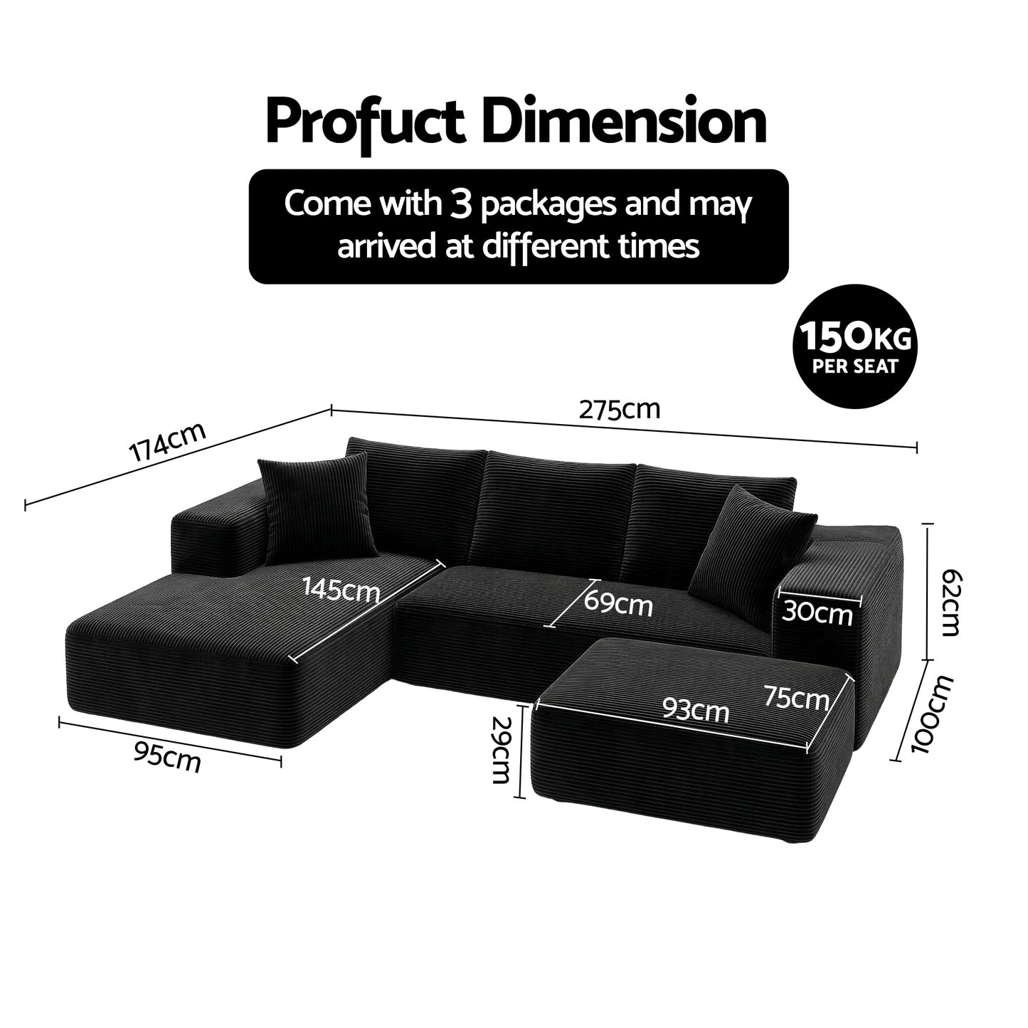 Metis 3 Seater Modular Sofa Bed with Ottoman Sectional Boneless Couches - Black