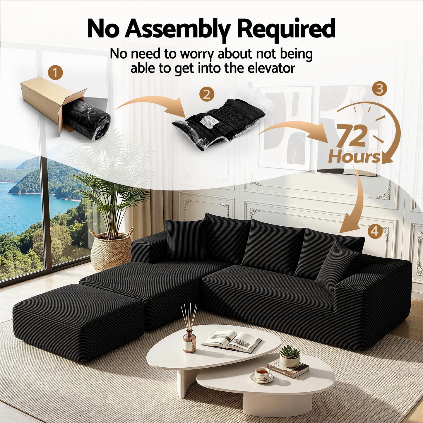 Metis 3 Seater Modular Sofa Bed with Ottoman Sectional Boneless Couches - Black