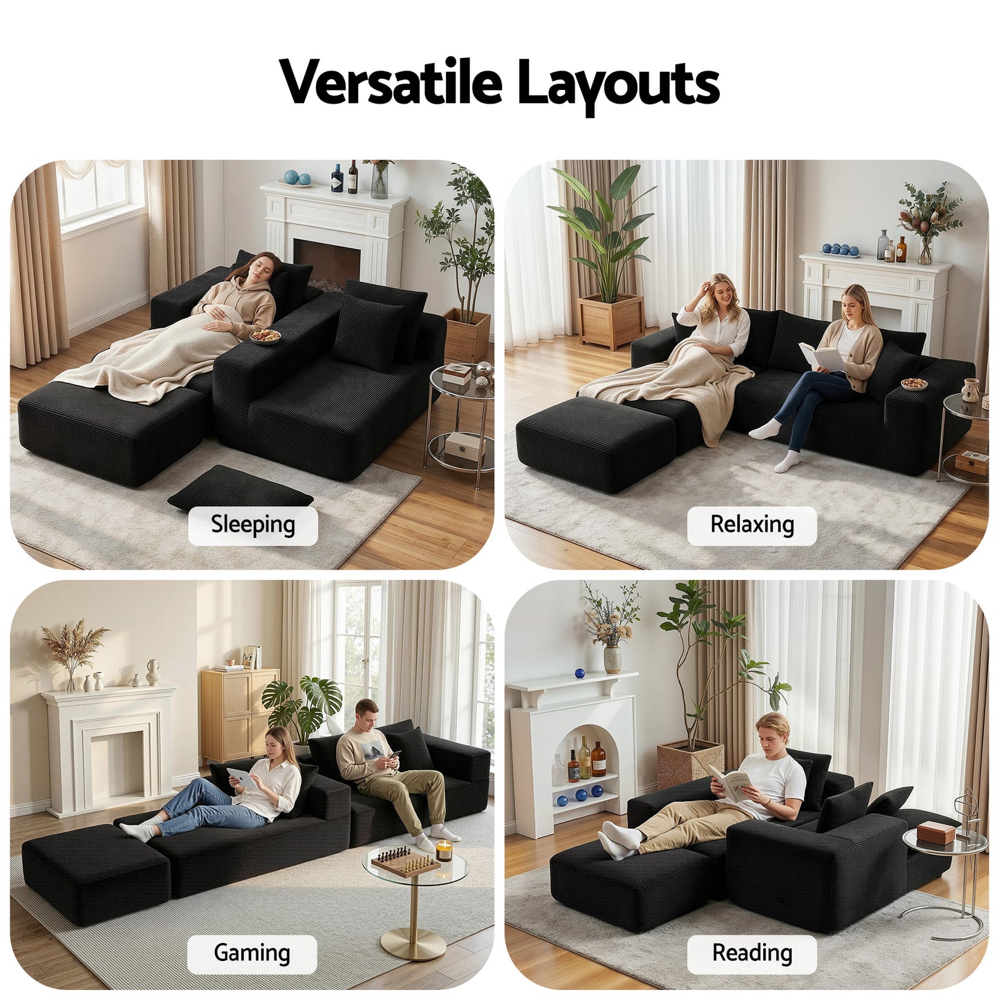 Metis 3 Seater Modular Sofa Bed with Ottoman Sectional Boneless Couches - Black