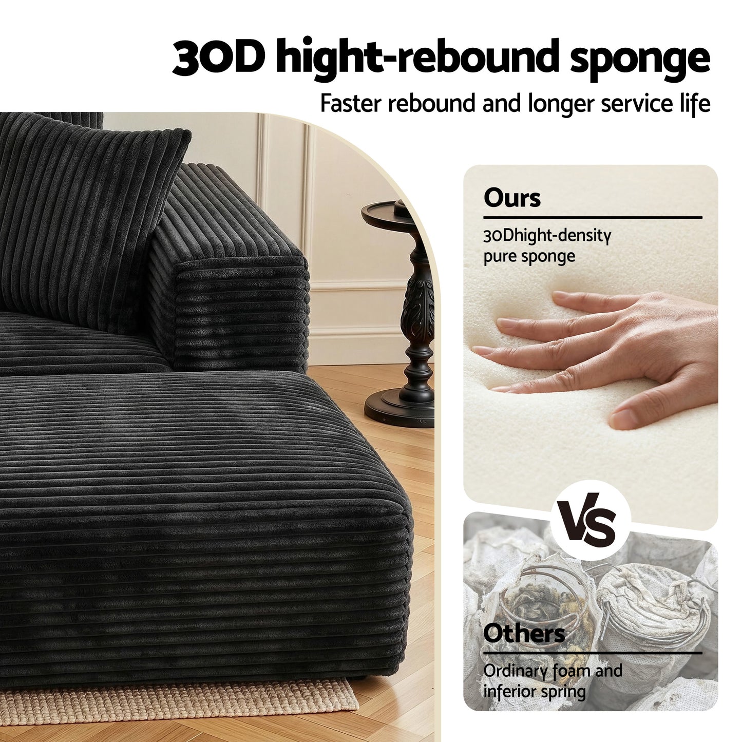 Metis 3 Seater Modular Sofa Bed with Ottoman Sectional Boneless Couches - Black