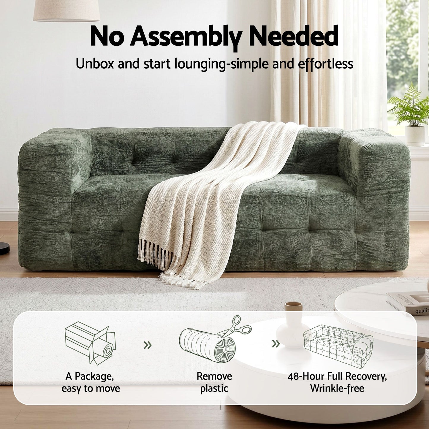 Melantha 2 Seater Comfort Boneless Sofa for Living Room Luxury Chenille - Green