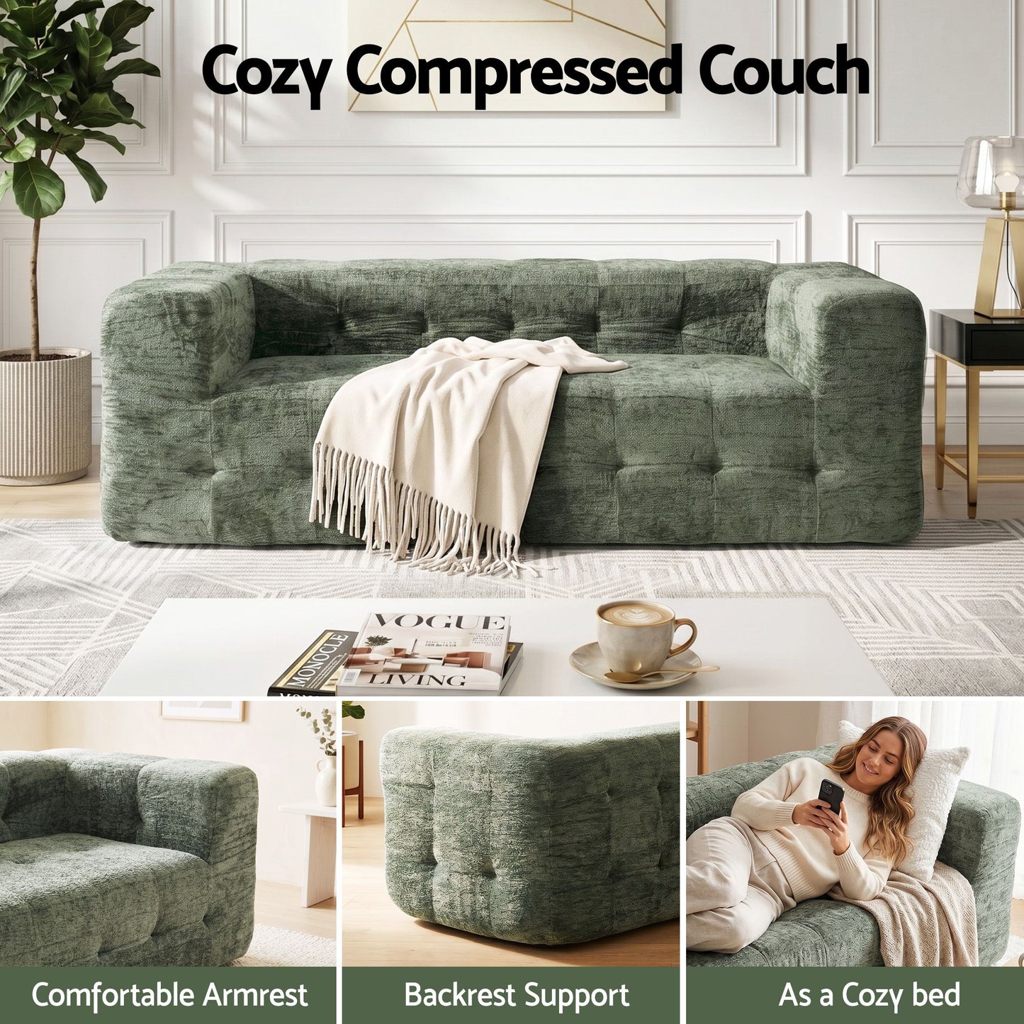 Melantha 2 Seater Comfort Boneless Sofa for Living Room Luxury Chenille - Green