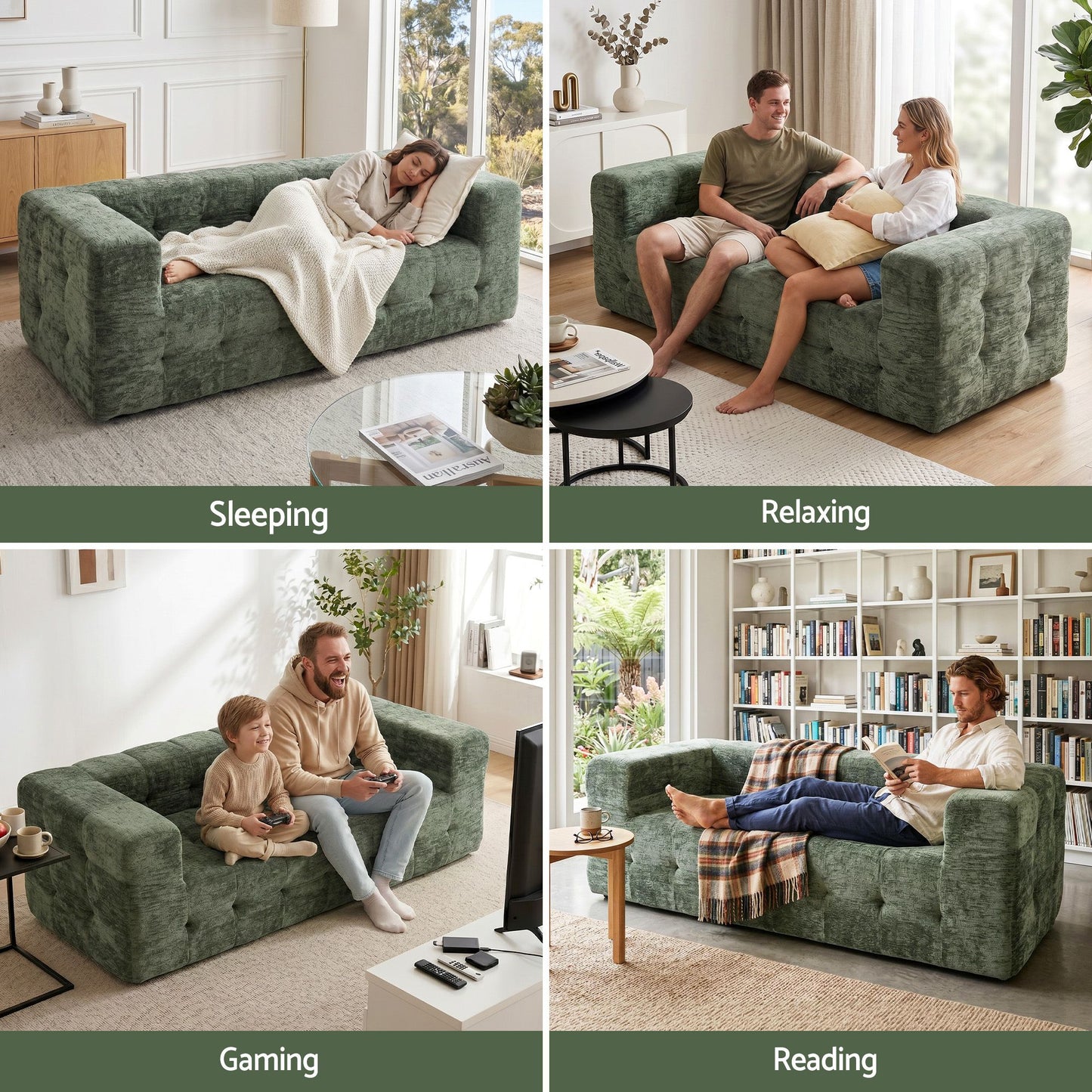 Melantha 2 Seater Comfort Boneless Sofa for Living Room Luxury Chenille - Green