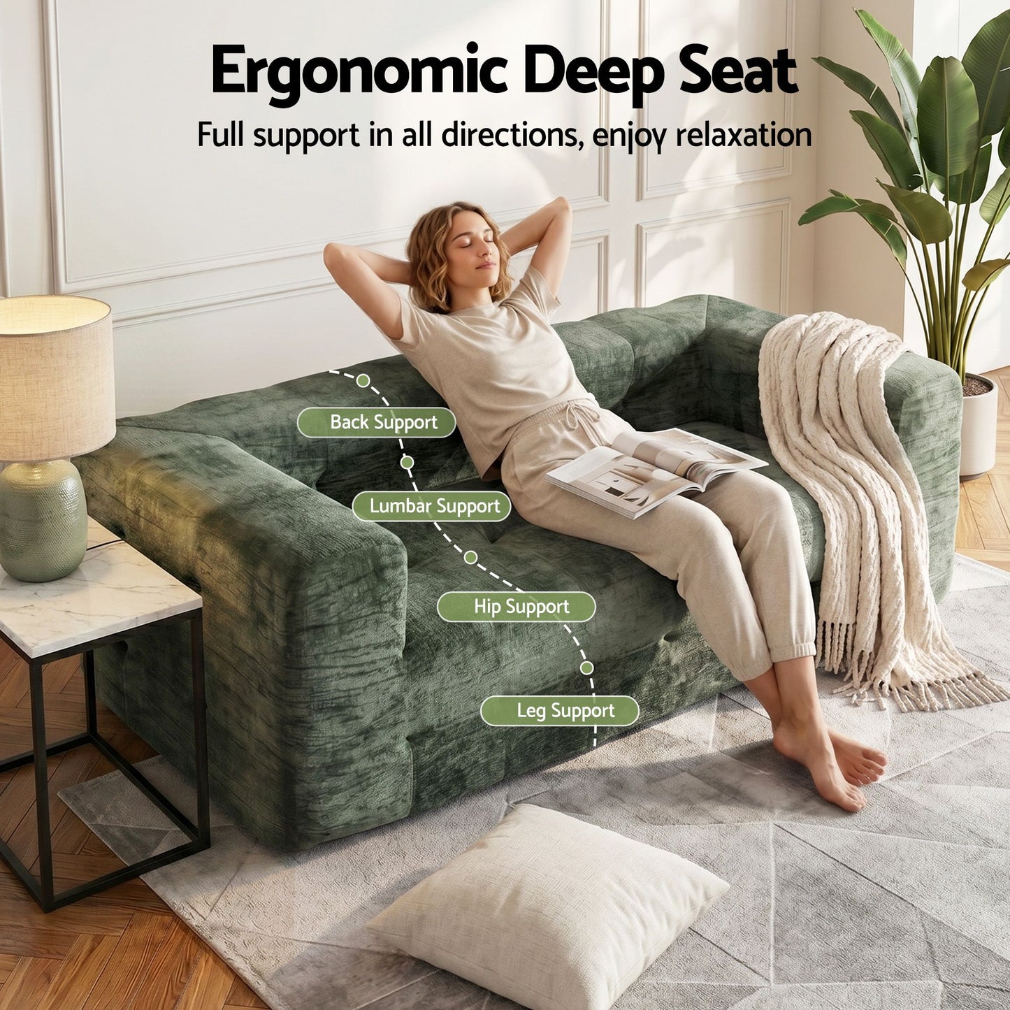 Melantha 2 Seater Comfort Boneless Sofa for Living Room Luxury Chenille - Green