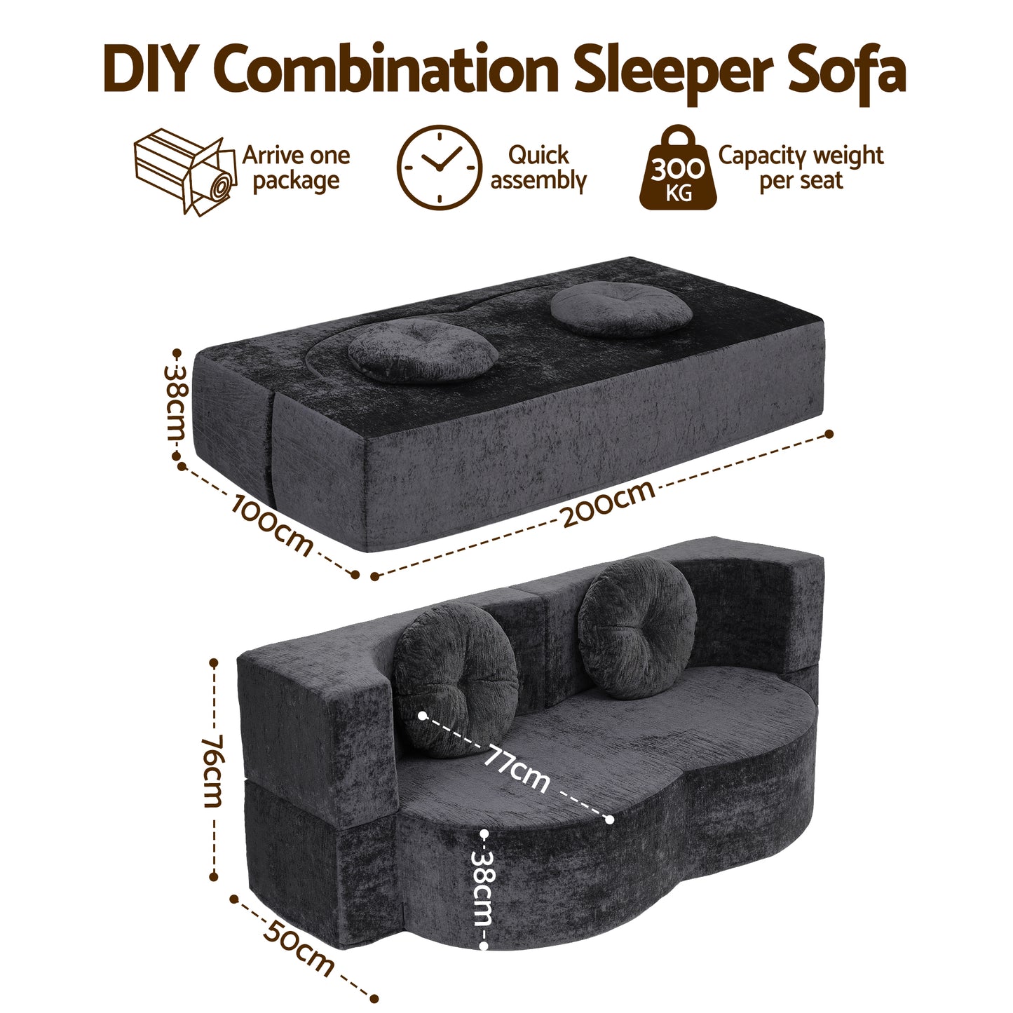 Mavira 2 Seater 2 in 1 Convertible Compressed Sofa Bed, Folding Boneless - Grey