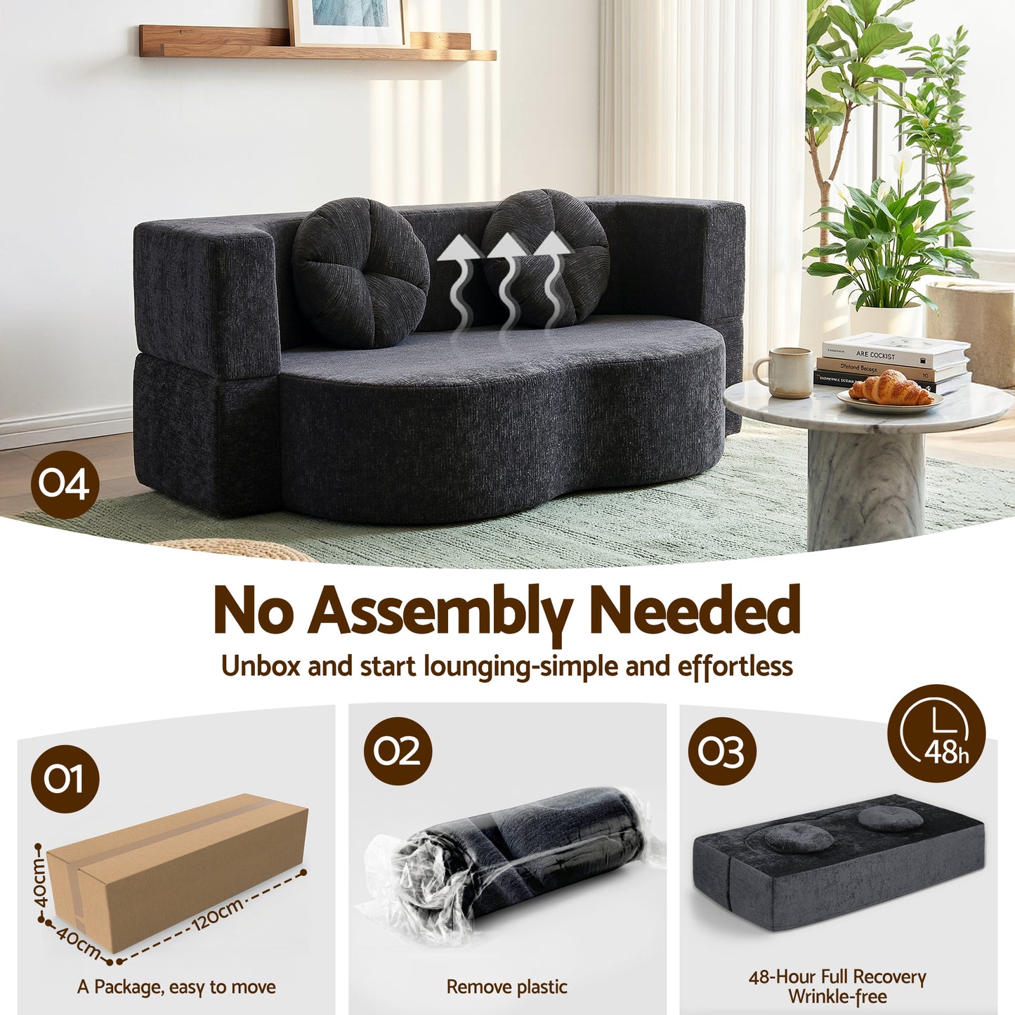 Mavira 2 Seater 2 in 1 Convertible Compressed Sofa Bed, Folding Boneless - Grey
