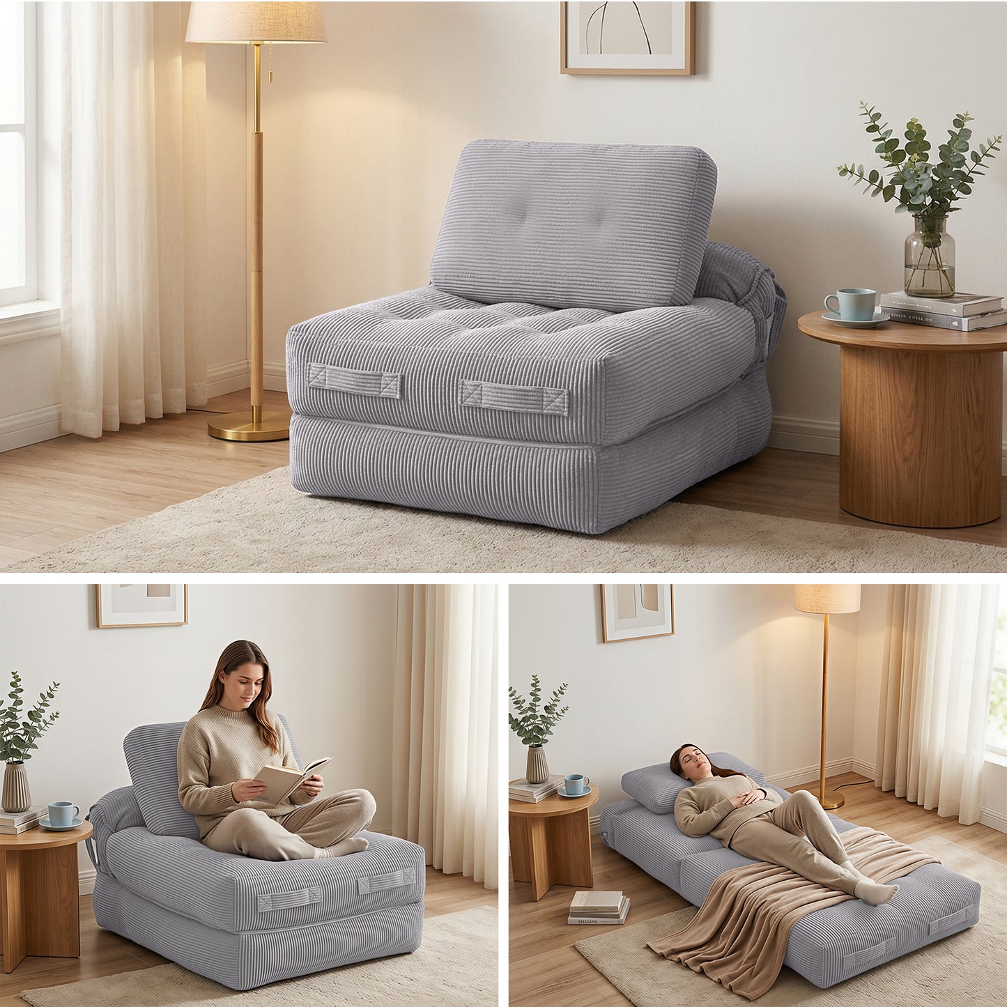 Mavira 1 Seater Corduroy Convertible Sofa Bed Pull Out Boneless Couch - Grey