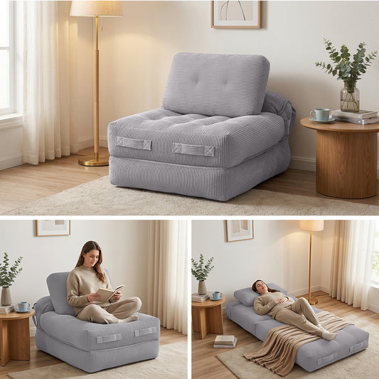 Mavira 1 Seater Corduroy Convertible Sofa Bed Pull Out Boneless Couch - Grey