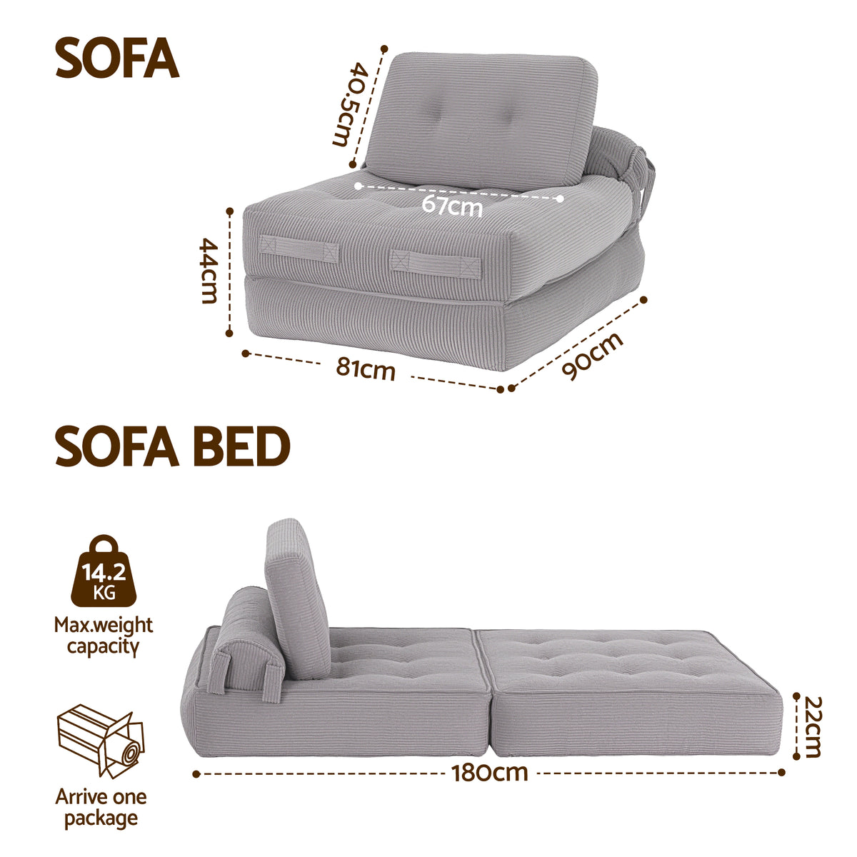 Mavira 1 Seater Corduroy Convertible Sofa Bed Pull Out Boneless Couch - Grey