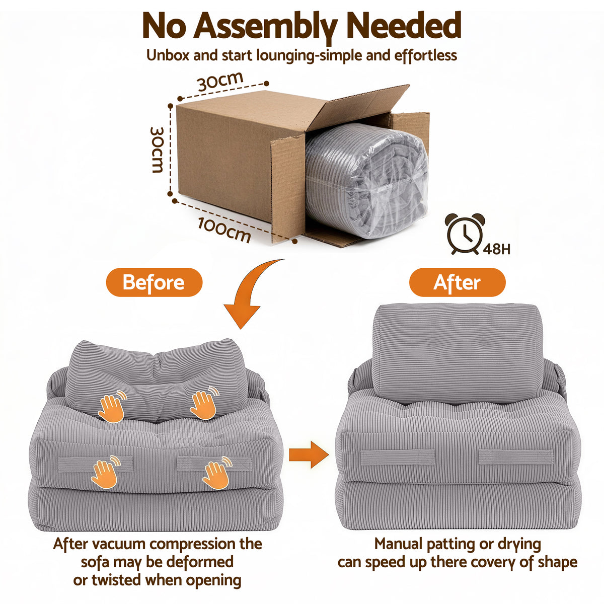 Mavira 1 Seater Corduroy Convertible Sofa Bed Pull Out Boneless Couch - Grey