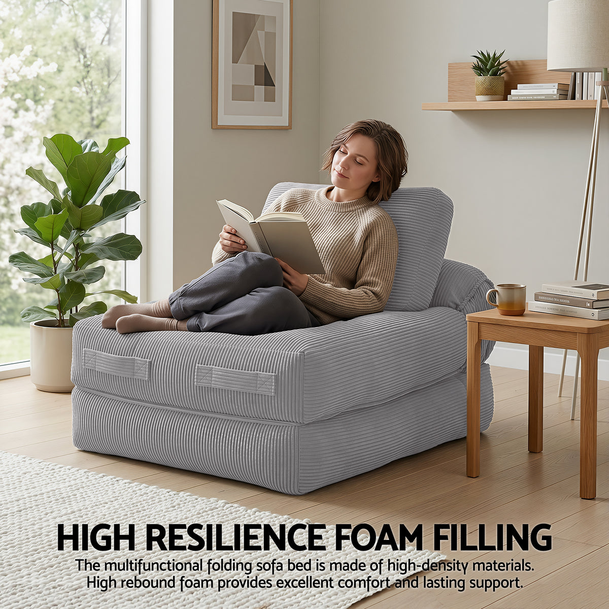 Mavira 1 Seater Corduroy Convertible Sofa Bed Pull Out Boneless Couch - Grey