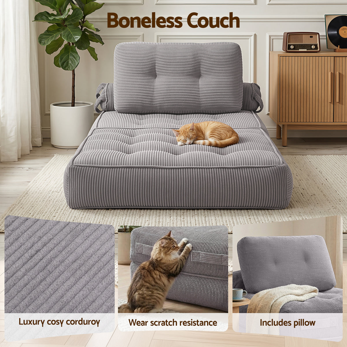 Mavira 1 Seater Corduroy Convertible Sofa Bed Pull Out Boneless Couch - Grey